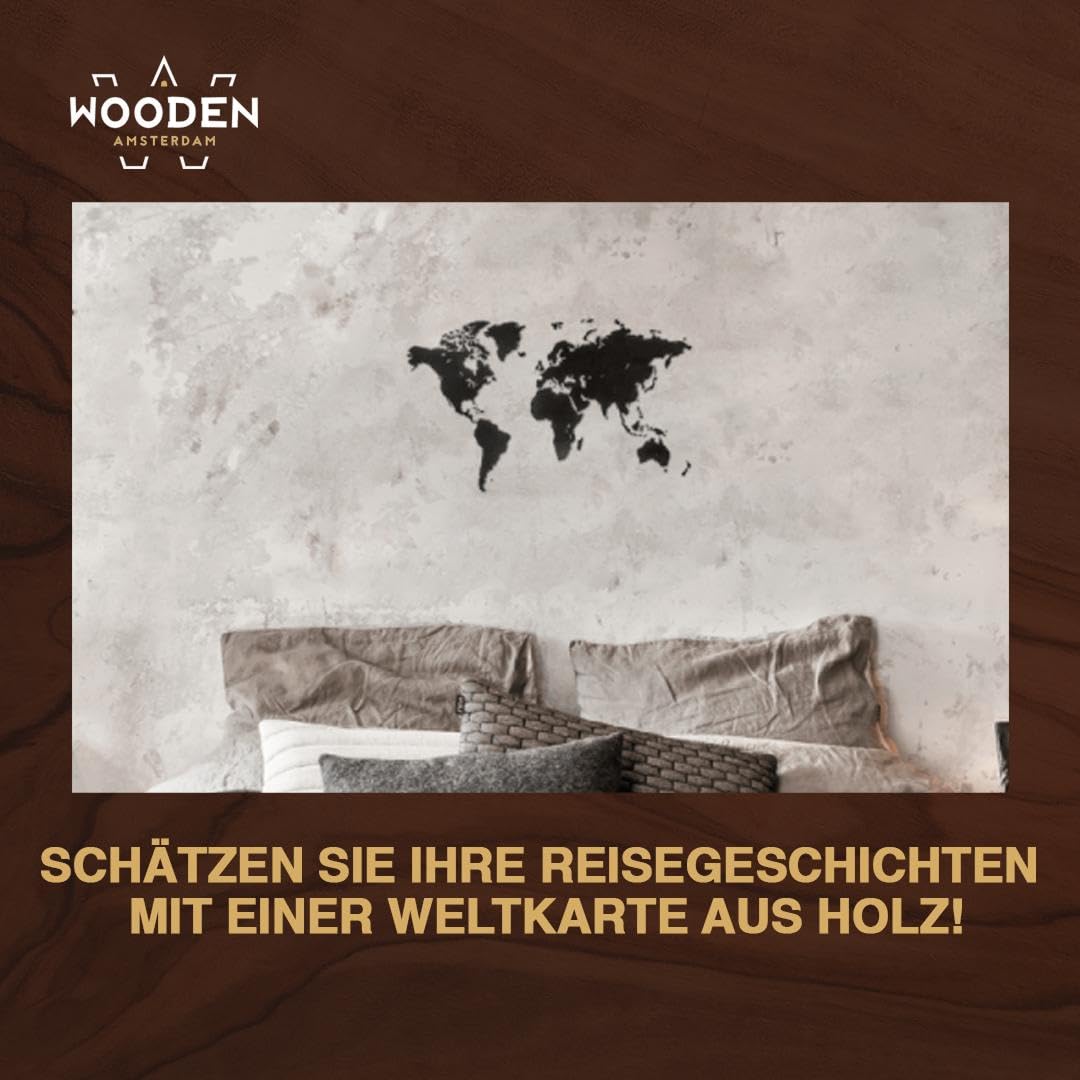 Weltkarte Holz DIY Schwarz | 90 x 54 cm Wanddeko aus FSC-zertifiziertem HDF | 48 Pins & 25 Inseln zur Personalisierung | Weltkarte zum Pinnen Geschenkidee
