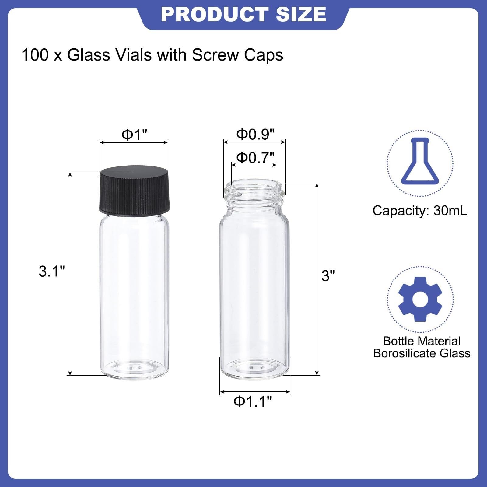 2ml Borosilikatglas-Fläschchen, 100er Pack Dichte Probenflaschen mit Schraubverschluss für Labor und Haushalt(30ml)