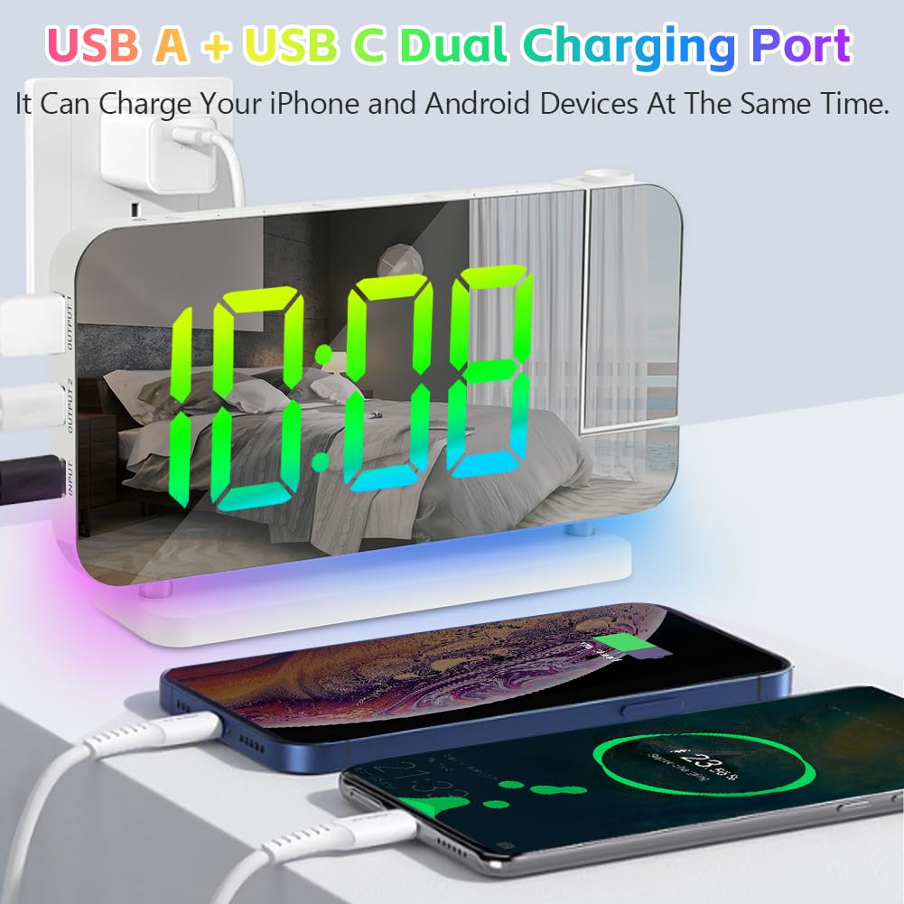 Sveglia con Proiezione, Sveglia con Schermo LED di Proiezione, Porta USB-C, Volume Allarme Luminosità Regolabile, per Camera da Letto, Soffitto, Parete, Casa, Bambini, Anziani