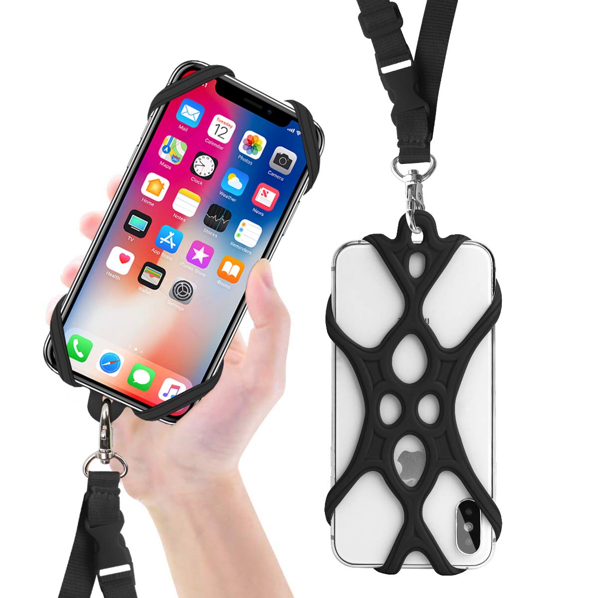 ROCONTRIP 2 in 1 Cell Phone Lanyard Strap, Universal Phone Case Holder 2 Style Available with Detachable Neckstrap for iPhone X 8 7 6s Plus, Samsung Galaxy Google Pixel 4.7-5.5 inch (Black(New))