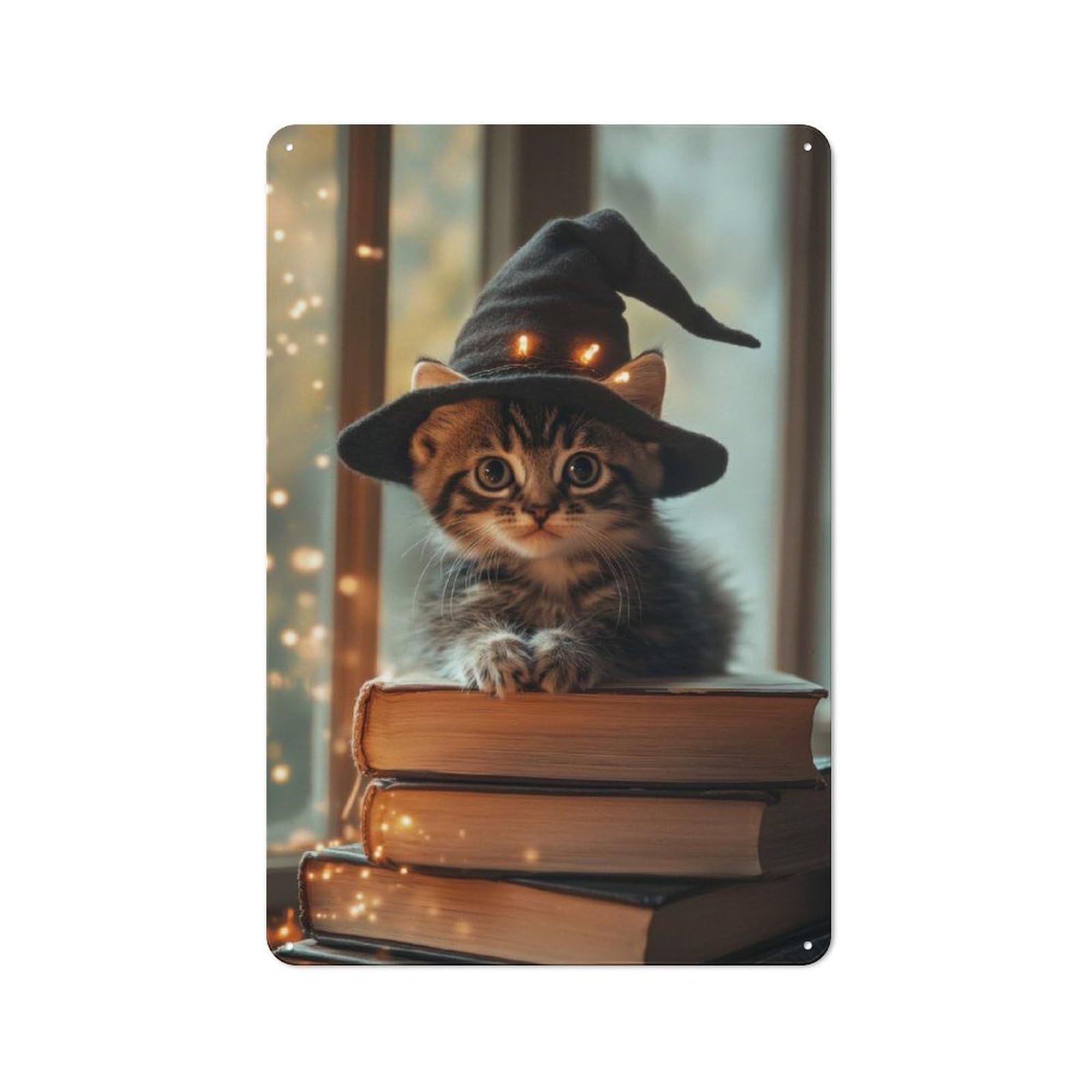 Junmoney Kitten Witch On Books Rustic Tin Wall Sign 30X20cm Featuring Bistro Wall Plaque For Restaurant, Kitchen, Counter Or Breakfast Nook