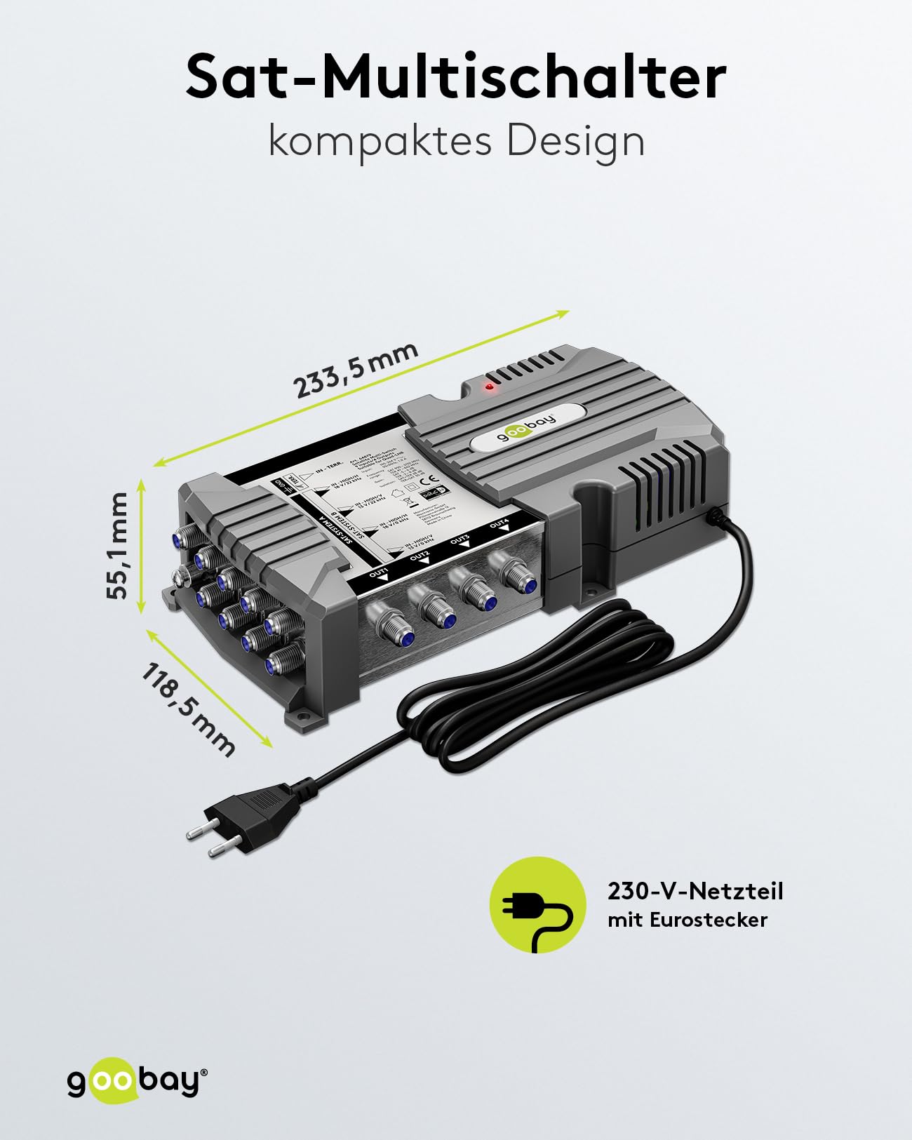 goobay 64879 Commutateur Multiple Satellite Compact / 9 entrées / 4 Sorties / 4 K, 8 K UHD/Dab+ / pour 4 participants