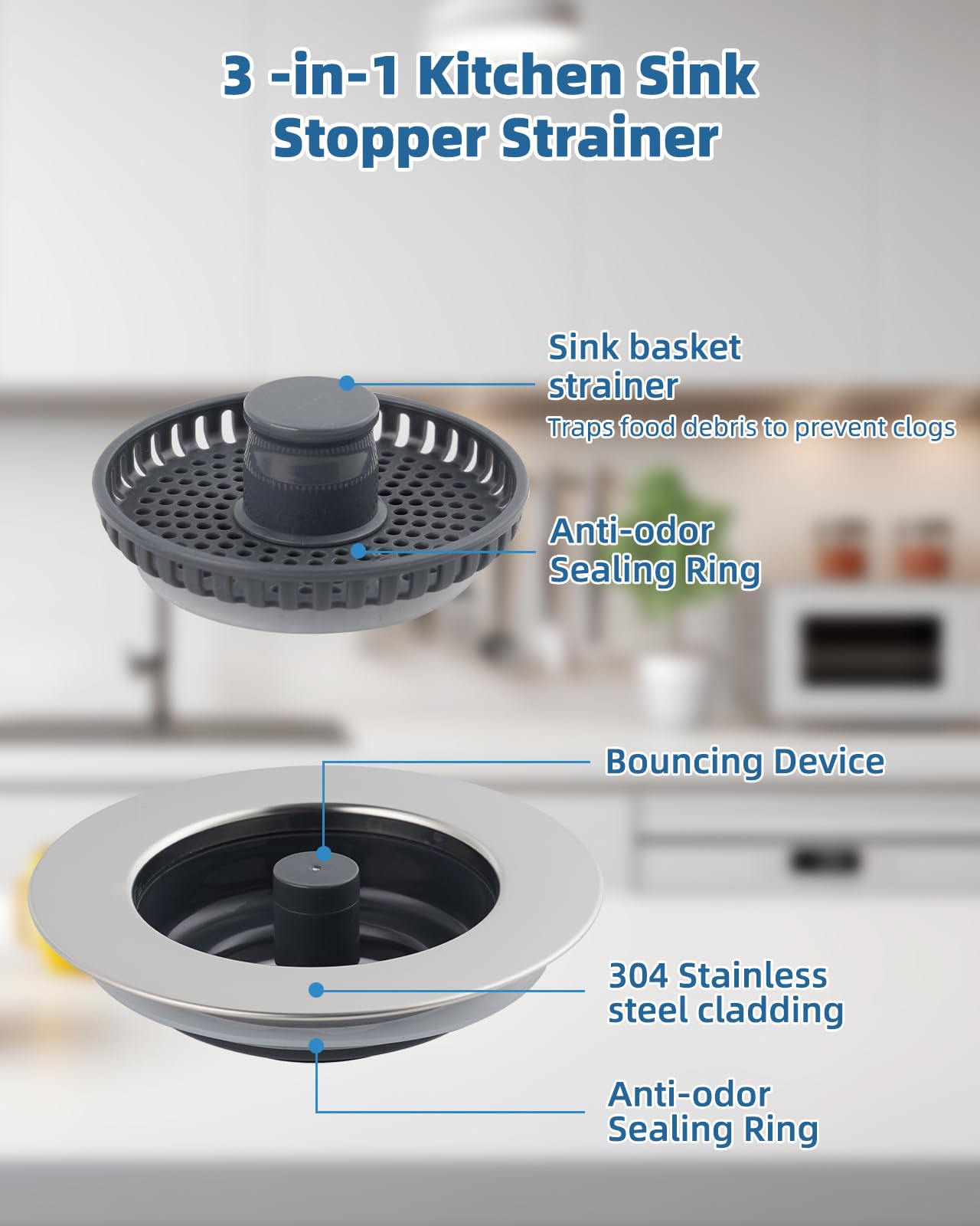 iFealClear Upgraded Kitchen Sink Strainer and Plug Set, 3-in-1 Drain Stopper + Stainless Wrapped Shell - Image 4