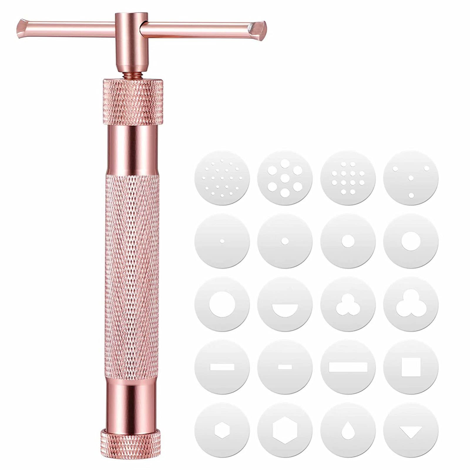 Clay Extruder Fondant Extruder with 20 Unique Disc Alloy Rotary Mold Tools Set Squeeze Polymer and Clay DIY Geometry Noodles,for Pottery Ceramic Craft Polymer Sculpture Modeling Fondant Cake-Pink