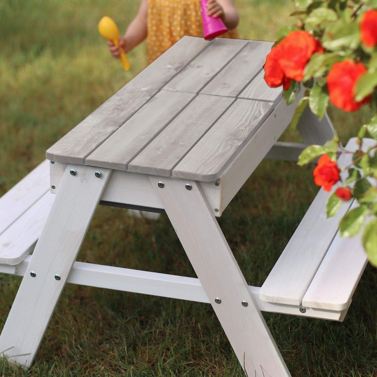 Meppi Sitzgruppe Rügen Weiss/grau Kindersitzgruppe aus Holz für Outdoor/Indoor Einsatz