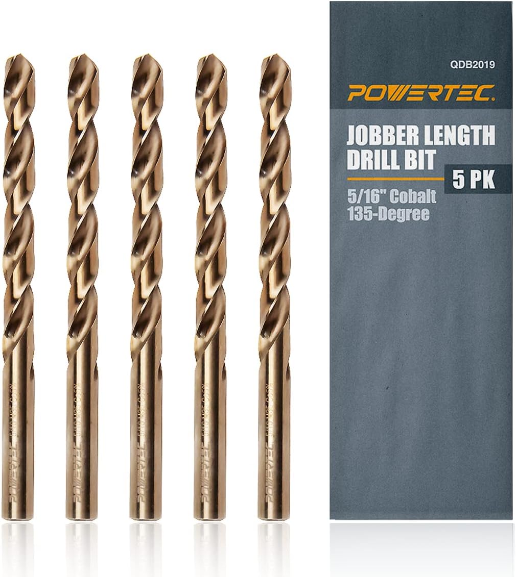 POWERTEC 5/16 Inch Cobalt Drill Bits, 5 PK M35 HSS Cobalt Jobber Length