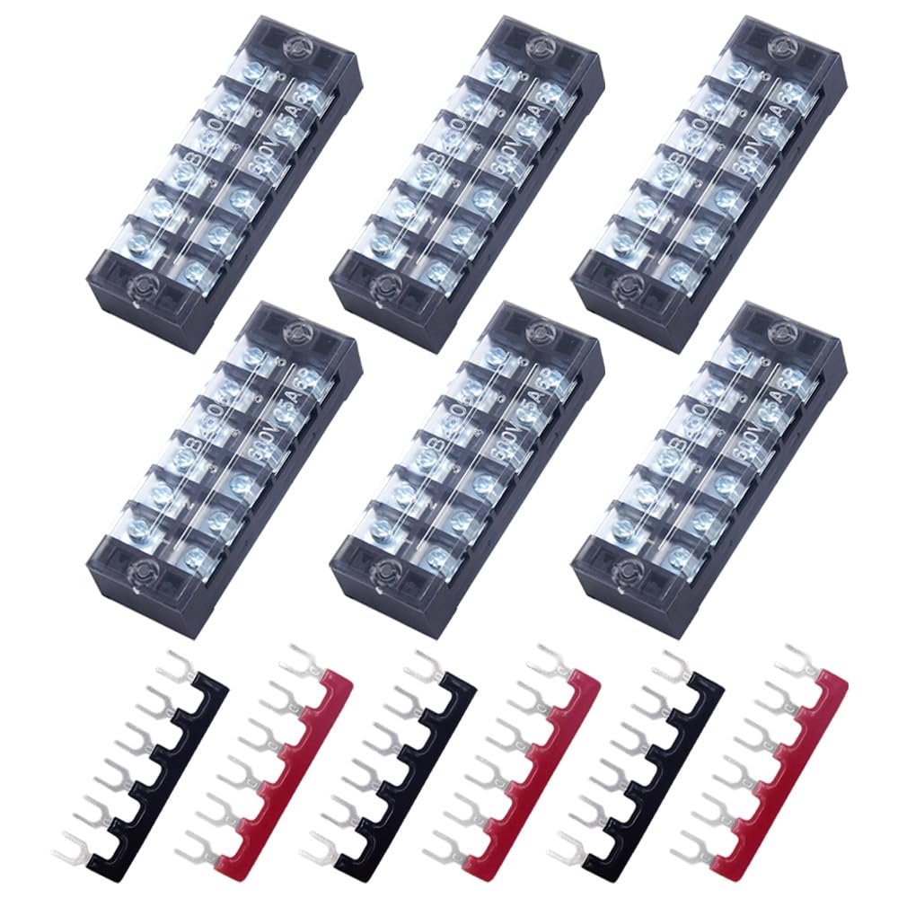 CEEYSEE12pcs(6 Sets) 6 Positions Dual Rows Covered Screw Terminal Block 600V 25A + 6Pcs 6 Positions Pre-Insulated Black/Red Fork Terminal Barrier Strip 400V 25A (TB2506)