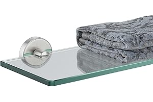 JQK Glass Floating Shelves for Wall, 16" x 5", Tempered Glass with Brushed Finish