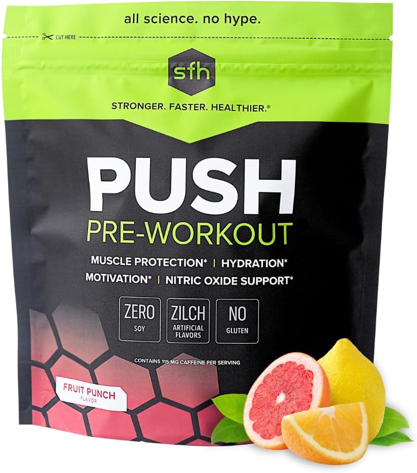 Sponsored Ad - SFH Push Pre-Workout Powder (Fruit Punch) BCAAs for Muscle Repair | Electrolytes | Non-Dairy, No Artificial Flavors, Colors, Sugar, Soy, Gluten, or GMOs (Bag)