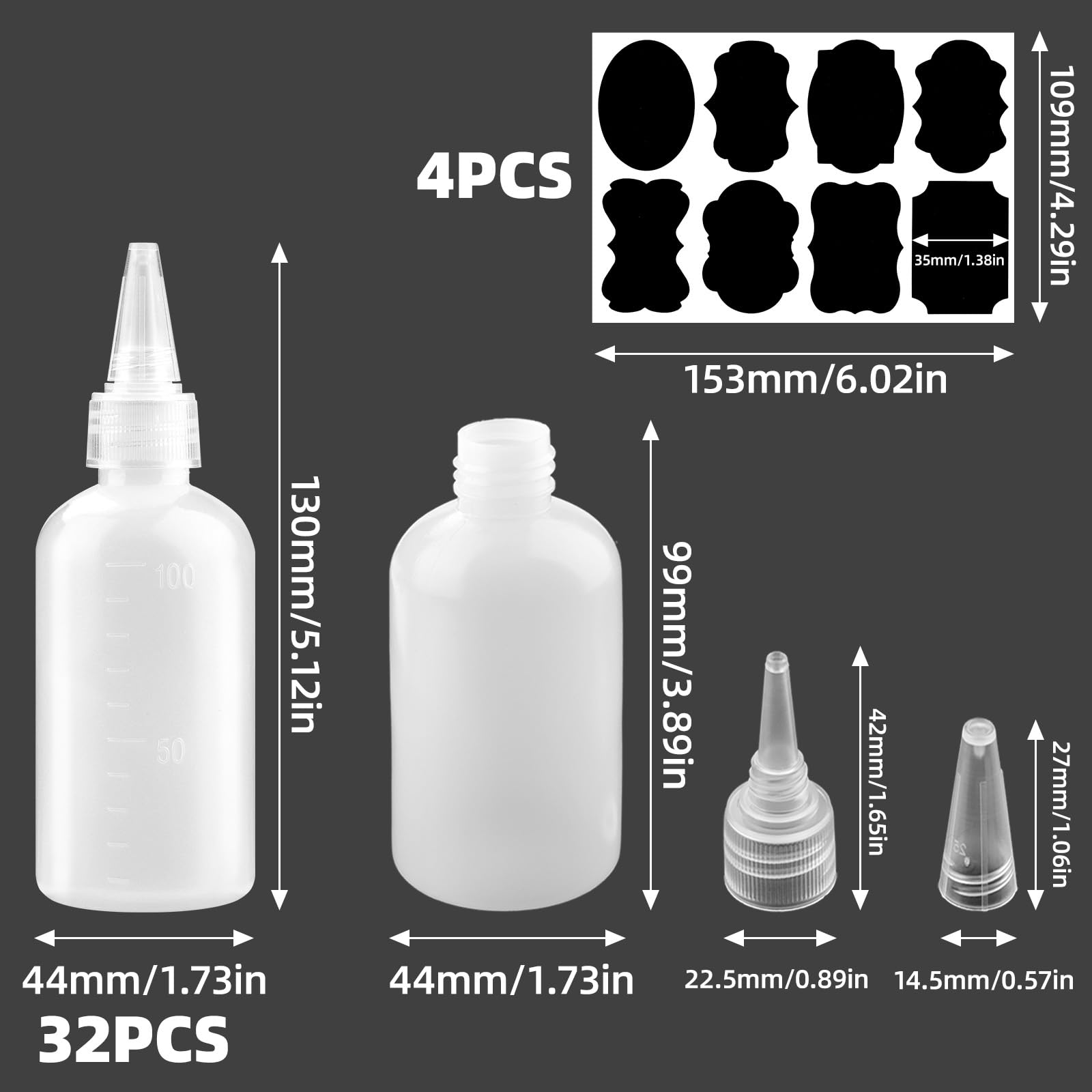 DKBT 32 bottiglie da spremere, 100 ml, bottiglia dosatrice, bottiglia per salsa, ketchup, bottiglia, dispenser per salse, in plastica, per cucina