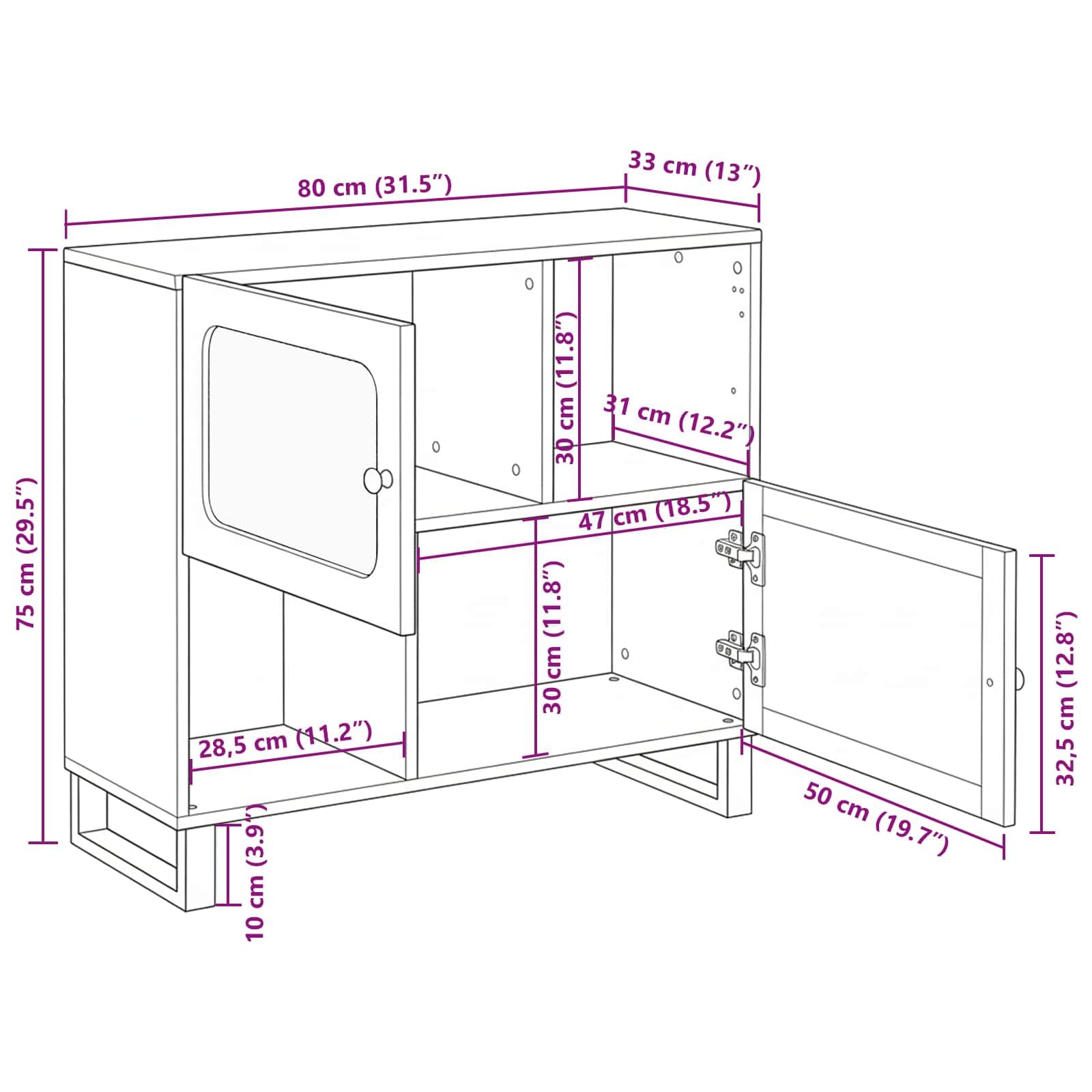 Sideboard aus massivem Mango-Holz Braun 80 x 33 x 75 cm mit 2 Scharniertüren, vielseitiges Wohnzimmer Möbel, Stauraum für Medien, HiFi, DVD, Blu-ray, Gaming Zubehör