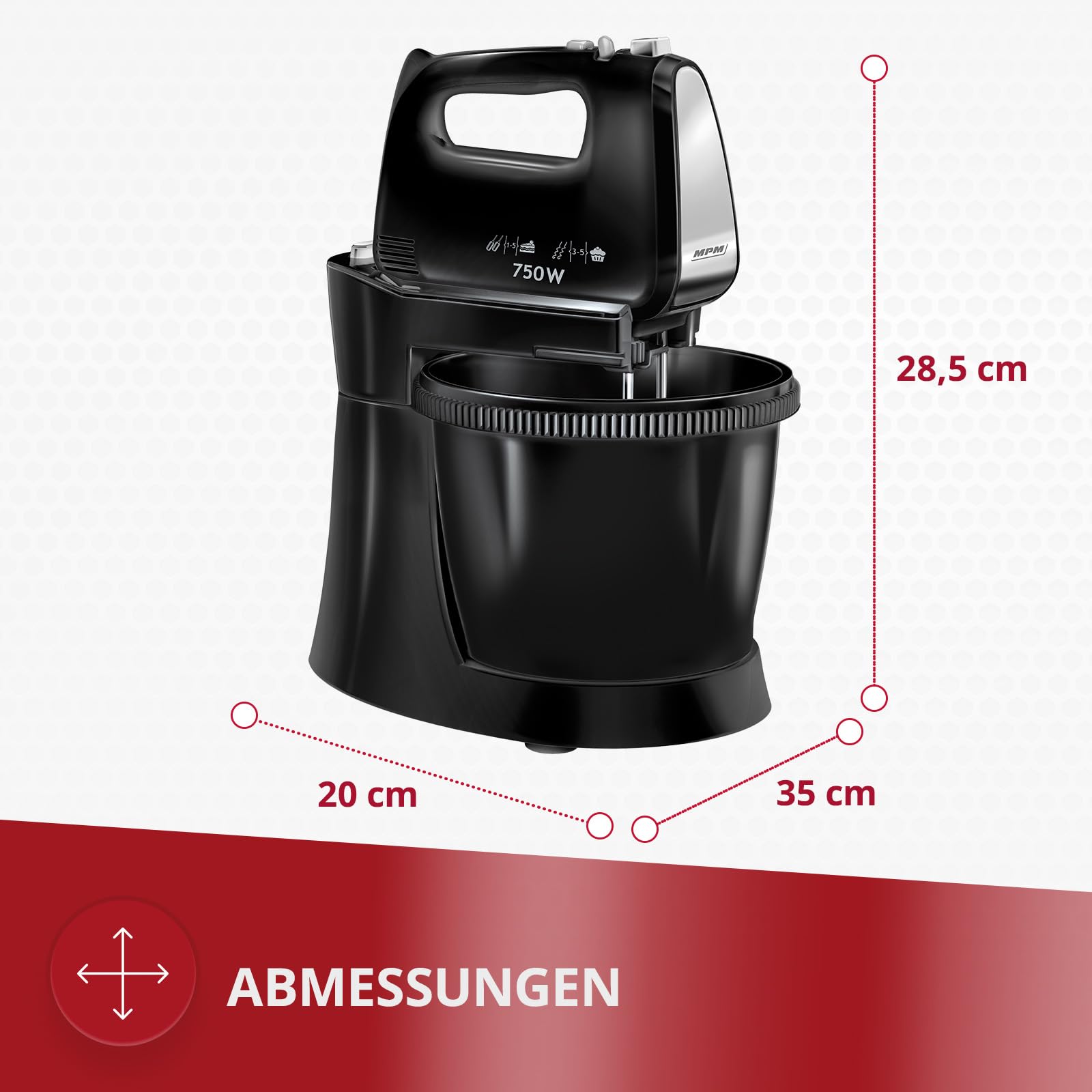 MPM Handmixer 750 W mit rotierender 3-L-Rührschüssel und Standfuß, Schwarz