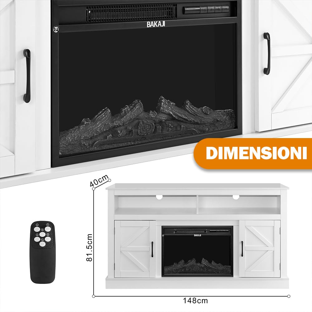 BAKAJI Mobile Tv per Soggiorno in Legno Bianco con Camino Elettrico, Madia a 2 Ante con Caminetto 1800W Completo di Mobile, Riscaldamento Due Potenze, Protezione Surriscaldamento e 15 Colori Luci Led