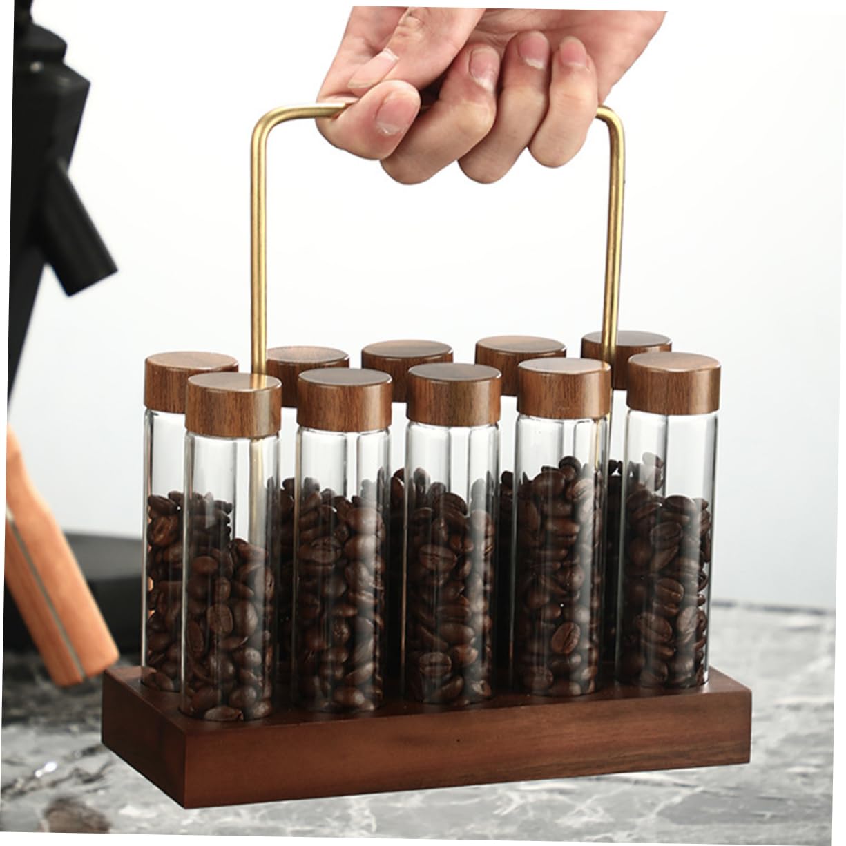 Zerodeko Kaffeebohnen Behälter aus Glas mit Holzständer Glasaufbewahrungsröhrchen zur Aufbewahrung von Kaffeebohnen für Küche
