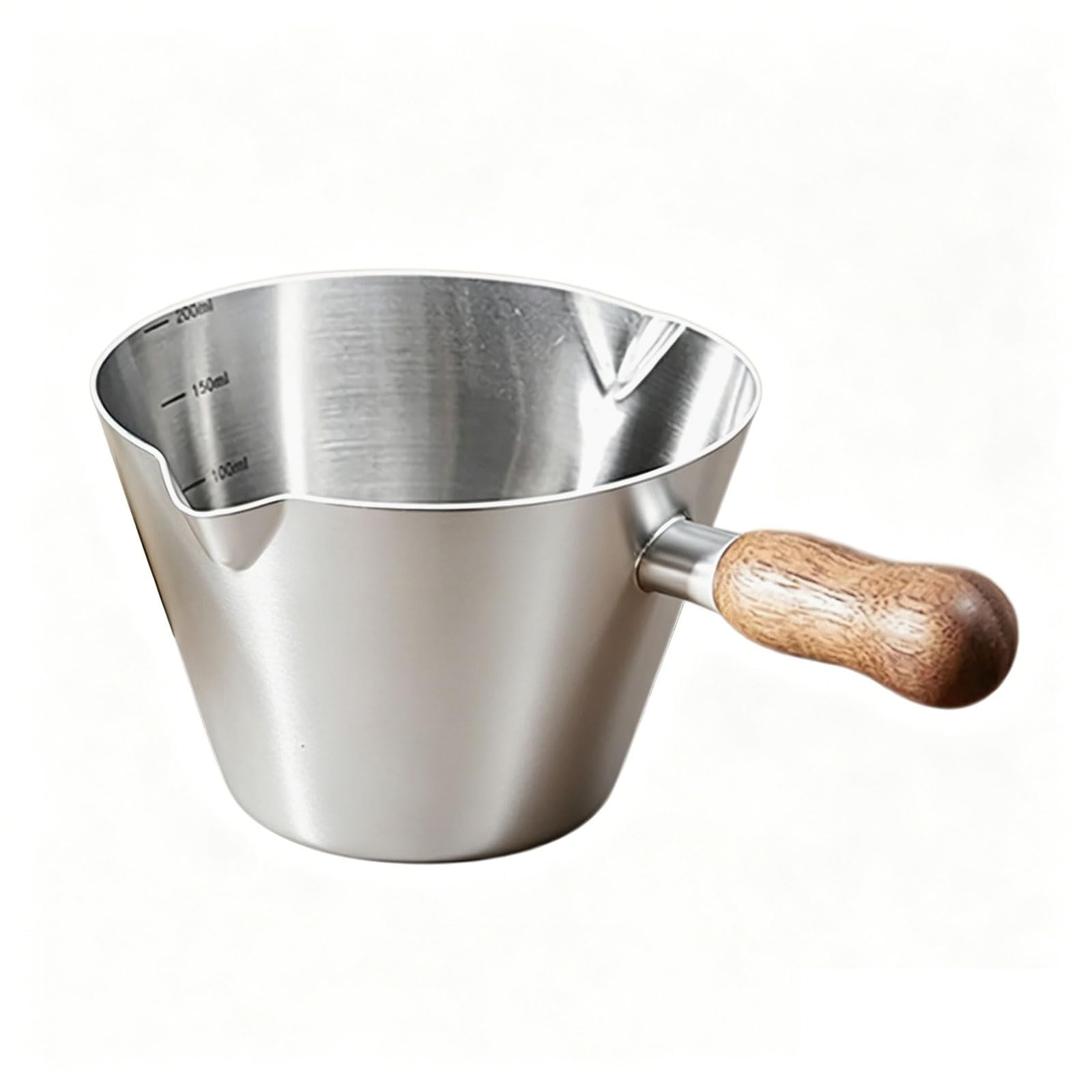Qusinfc 100ML Double Spout Metal Espresso Measuring Cup with Wood Handle and Scale Milk Frothing Pitcher for Coffee Latte Art Rustless Coffee Cup