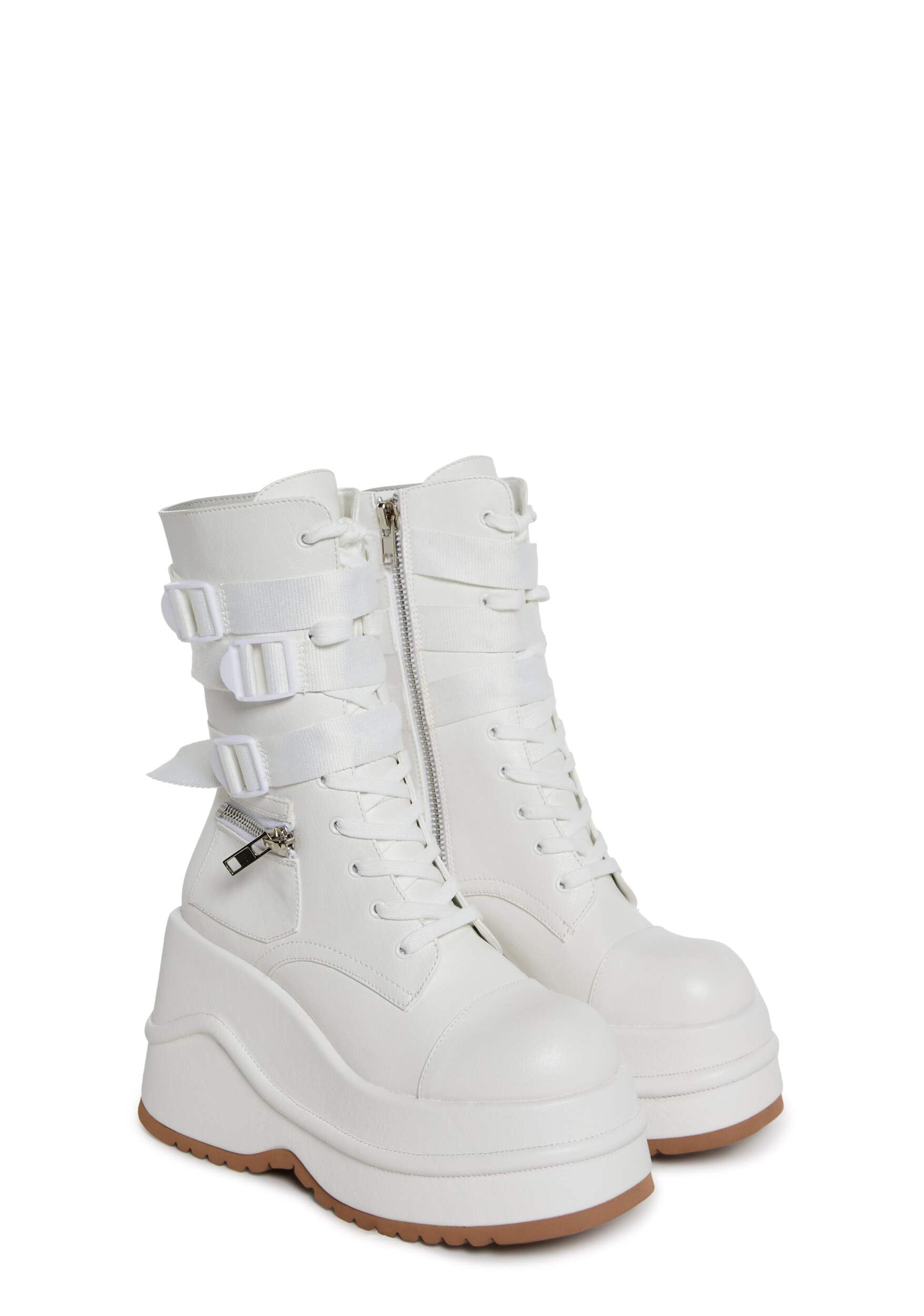 Dolls Kill Mad Hustle Pocket Combat Boots by Poster Grl – Chunky Platform Combat Boots with Zipper Pockets & Buckled Straps: 9 White