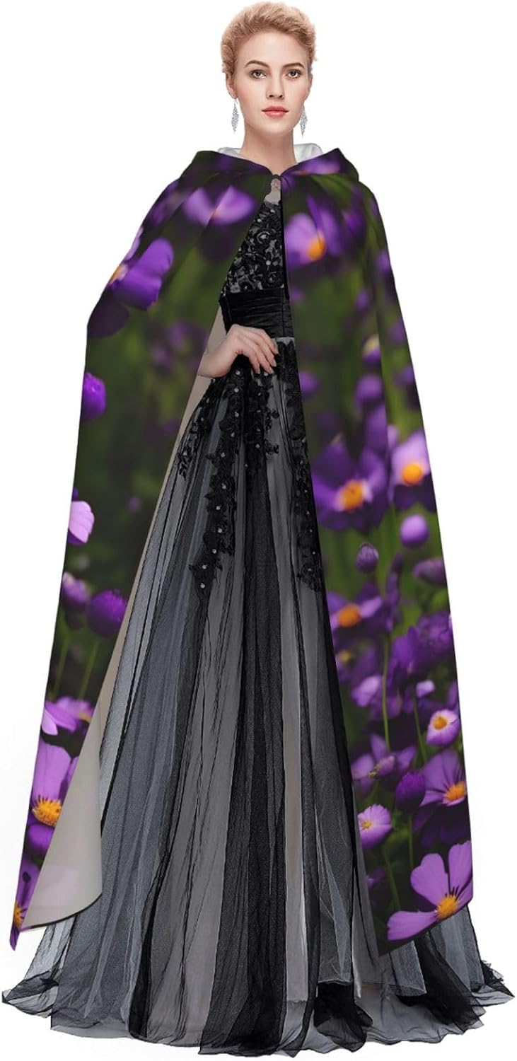 Purple Flowers print Halloween Hooded Robe Cloak for Adult Men Women Wizard Vampire Knight Fancy Cape Costume