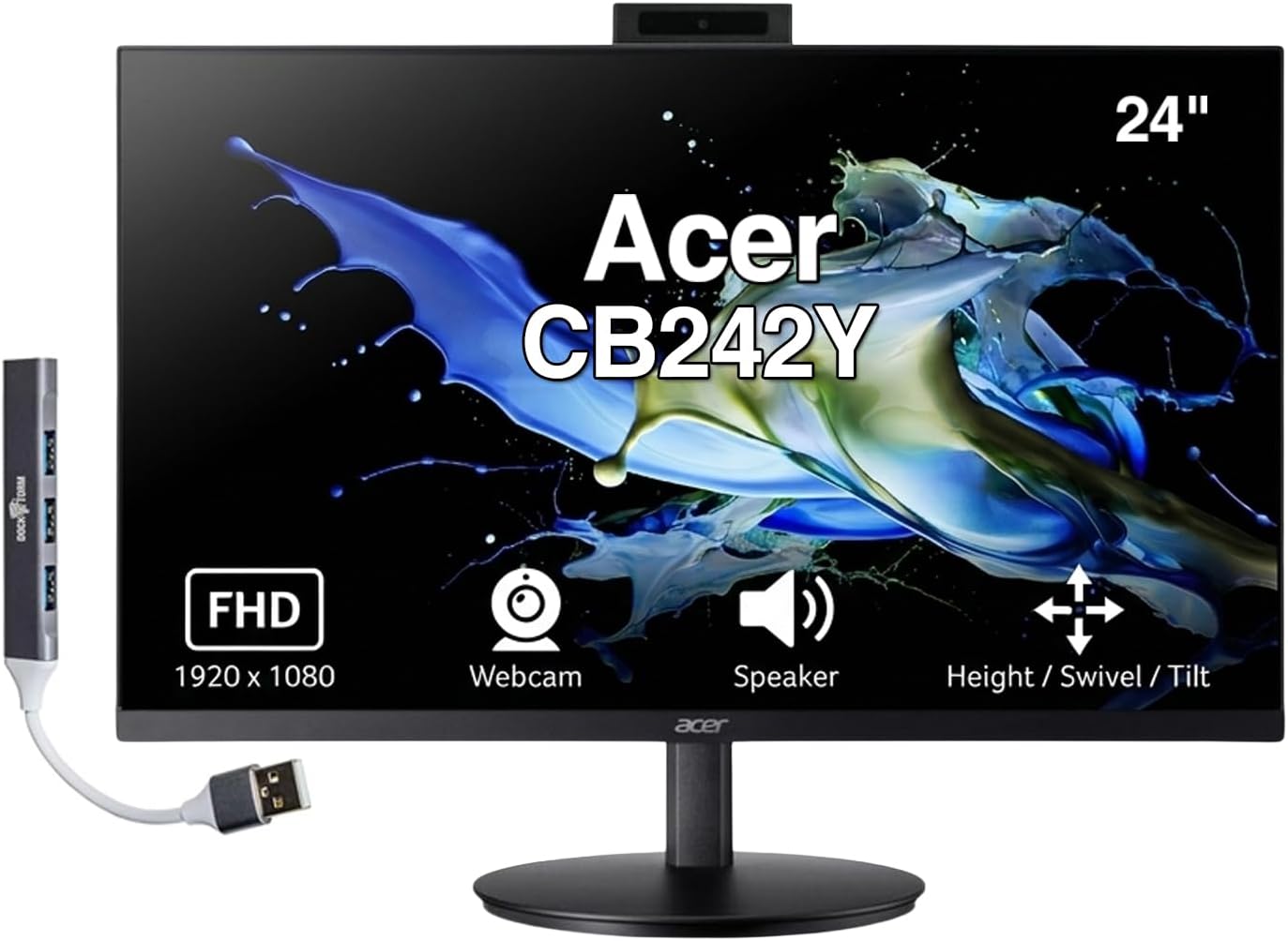 acer CB242Y 24" FHD IPS Conferencing Monitor with Anti-Glare, Speakers, Webcam, Adjustable Height/Swivel/Tilt, VESA Mount (100mm), HDMI, VGA & DKZ USB Port Expander, Black Color (UM.QB2AA.503)