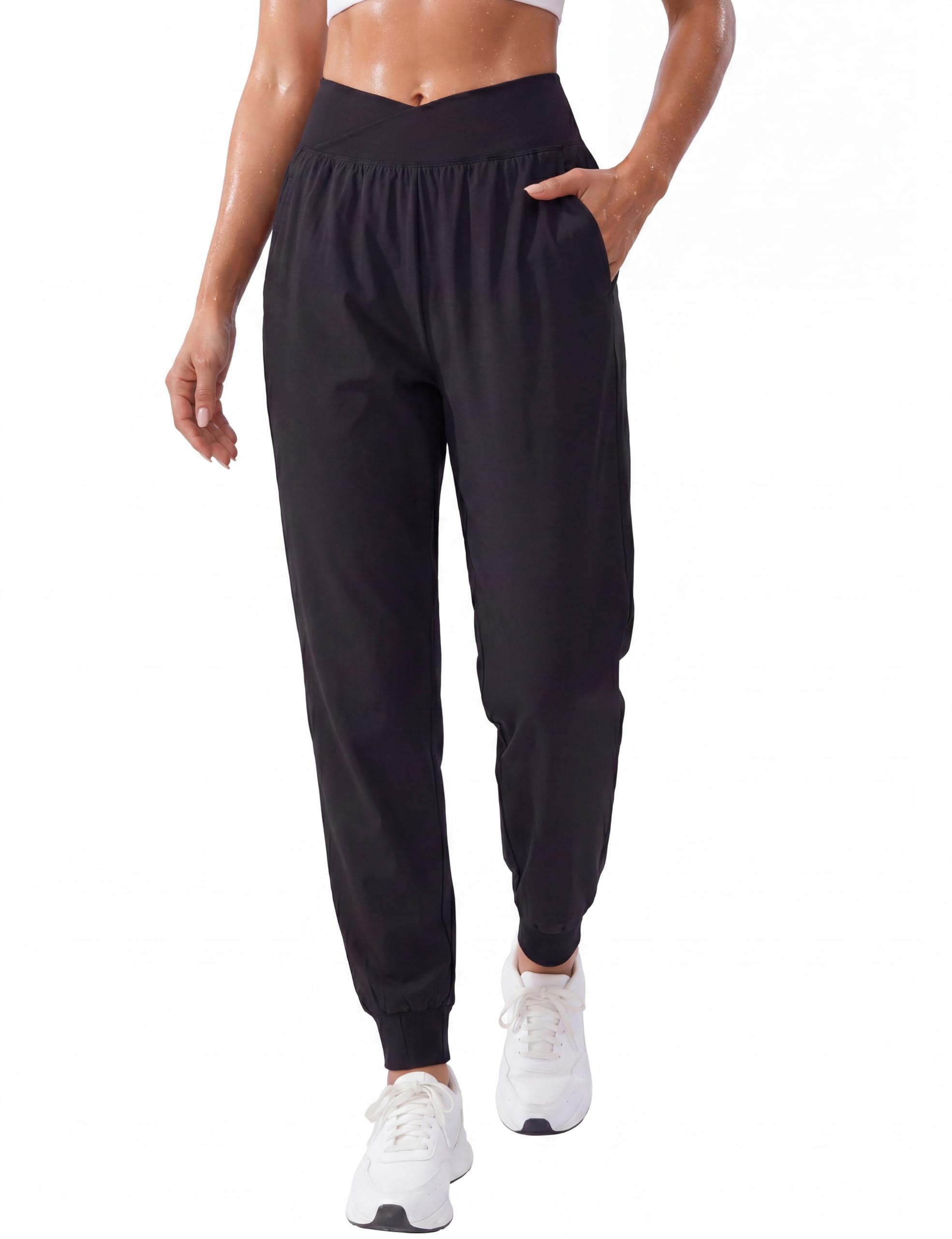 Women's High Waisted Joggers with Pockets - Soft Lightweight Cross V Waist Active Pants for Running Workout Sweatpants