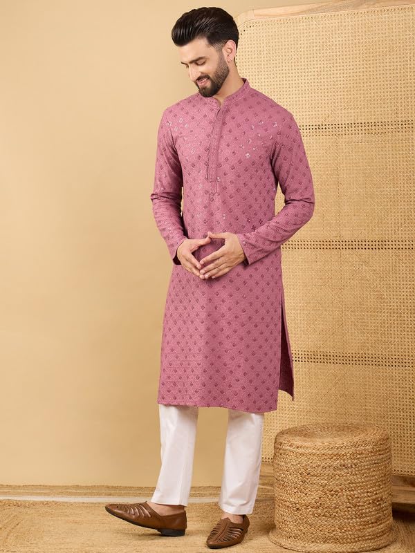 Image of Men's Solid Embroidered Long Straight Kurta | Men's Kurta | Embroidered Chikankari Kurta for Men | Straight Fit Kurta for Men