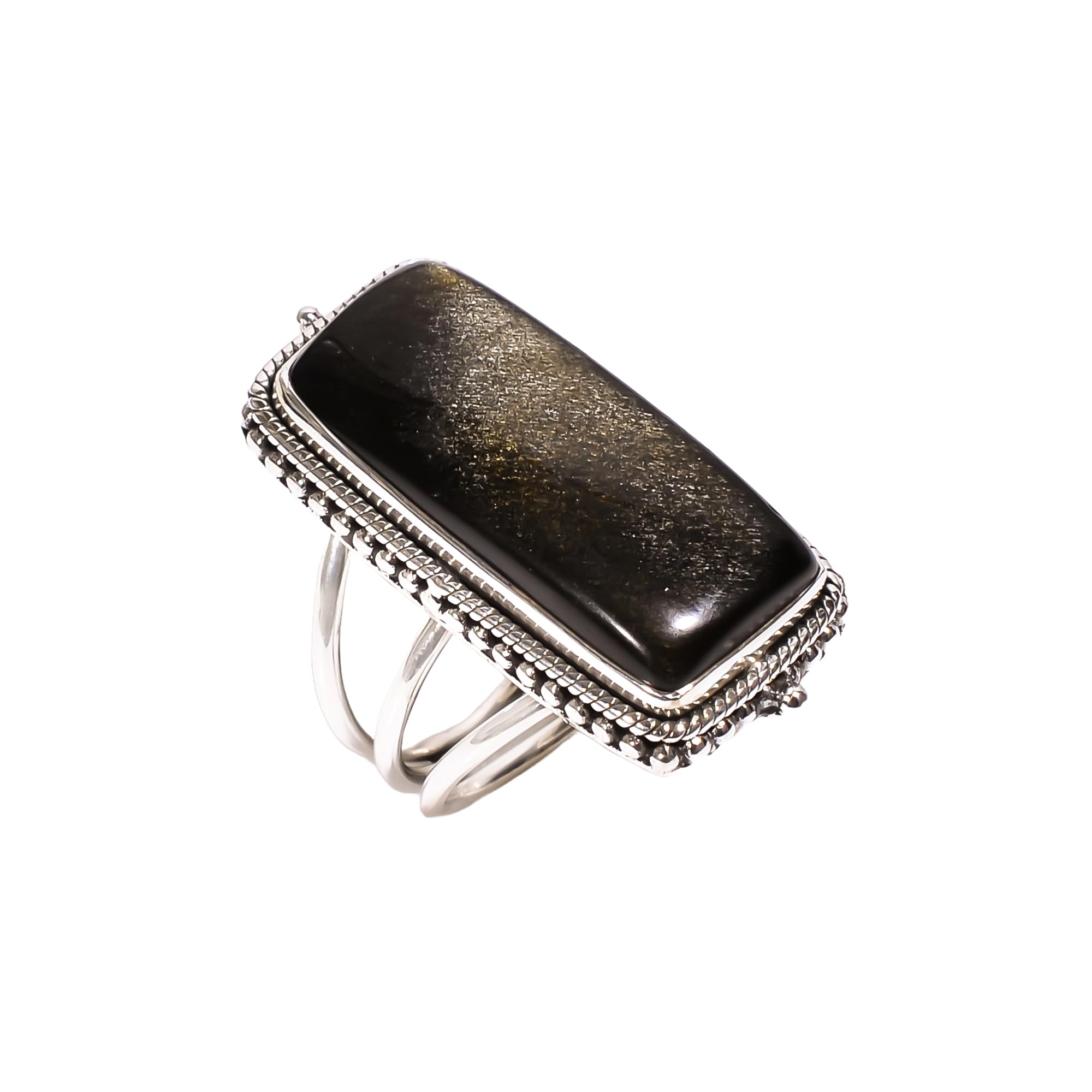 Bague obsidienne dorée pierre précieuse brune argent Sterling 925