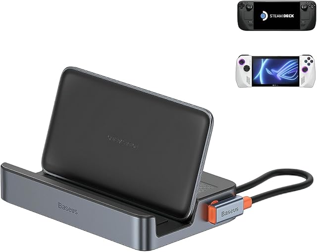 Dock de pont à vapeur, Baseus 6-in-1 Station d'amarrage pour Deck Steam & ROG Alliés & Légion Allez avec HDMI 2.0 4K@60Hz, Ethernet Gigabit, Conception de support réglable, 100W PD et 3 USB-A 3.0 Ports