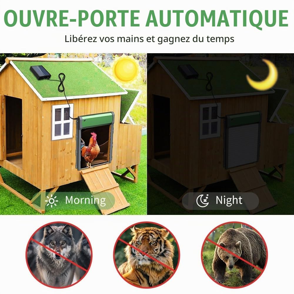Porte De Poulailler Solaire Entièrement Automatique avec Capteur De Lumière, Minuterie Et Télécommande, Porte De Volet Roulant De Poulailler Étanche Aux Intempéries