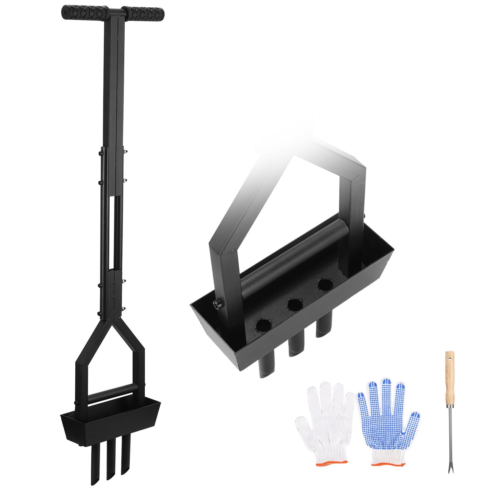 Napowietrzacz trawnika, aerator do trawnika, z tacą, narzędzie do czyszczenia i rękawica, uchwyt T 95 cm, wertykulator do trawnika, ręczny, Heavy Duty, napowietrzanie trawnika lub podwórka