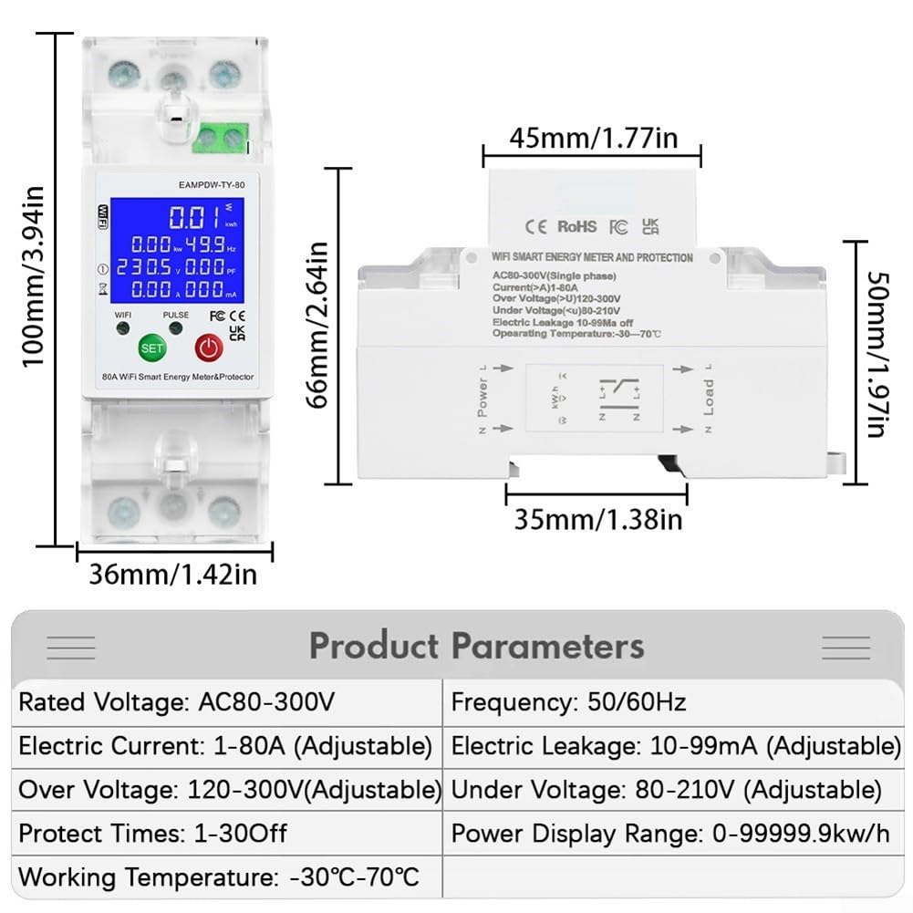 Misuratore di energia WiFi 80A con bidirezionale, sovra/sotto tensione e perdite, interruttore di controllo remoto solare domestico