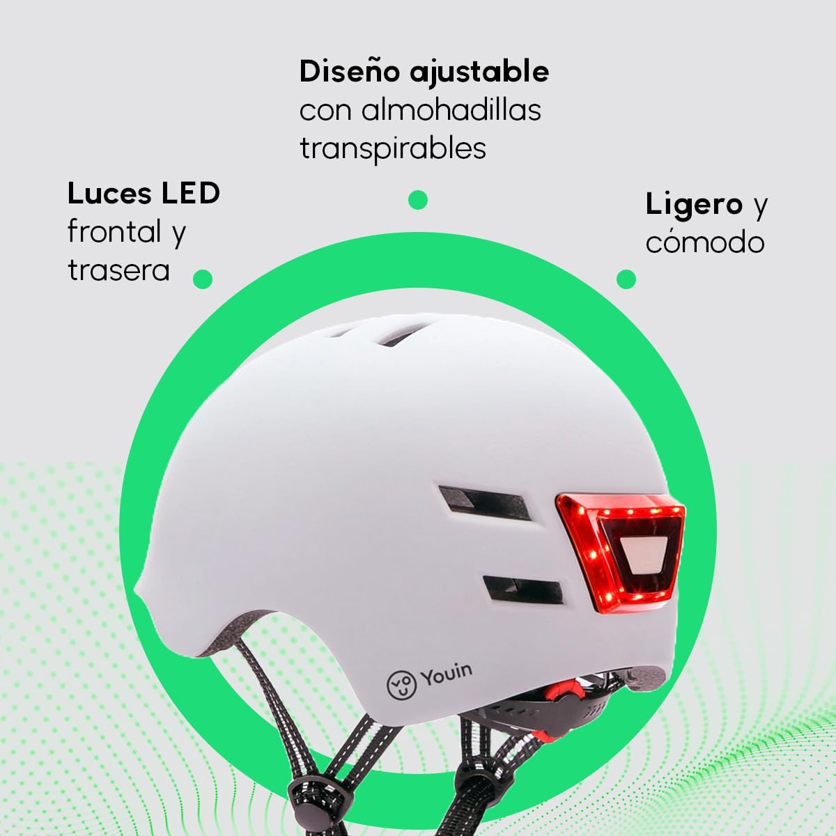 Youin Casco Homologado con LED Frontal y Trasero - Color Blanco - Talla M (52-58cm)- Protección y Visibilidad para Patinetes y Bicicletas - Ventilación Ajustable - Diseño Ligero y Ergonómico