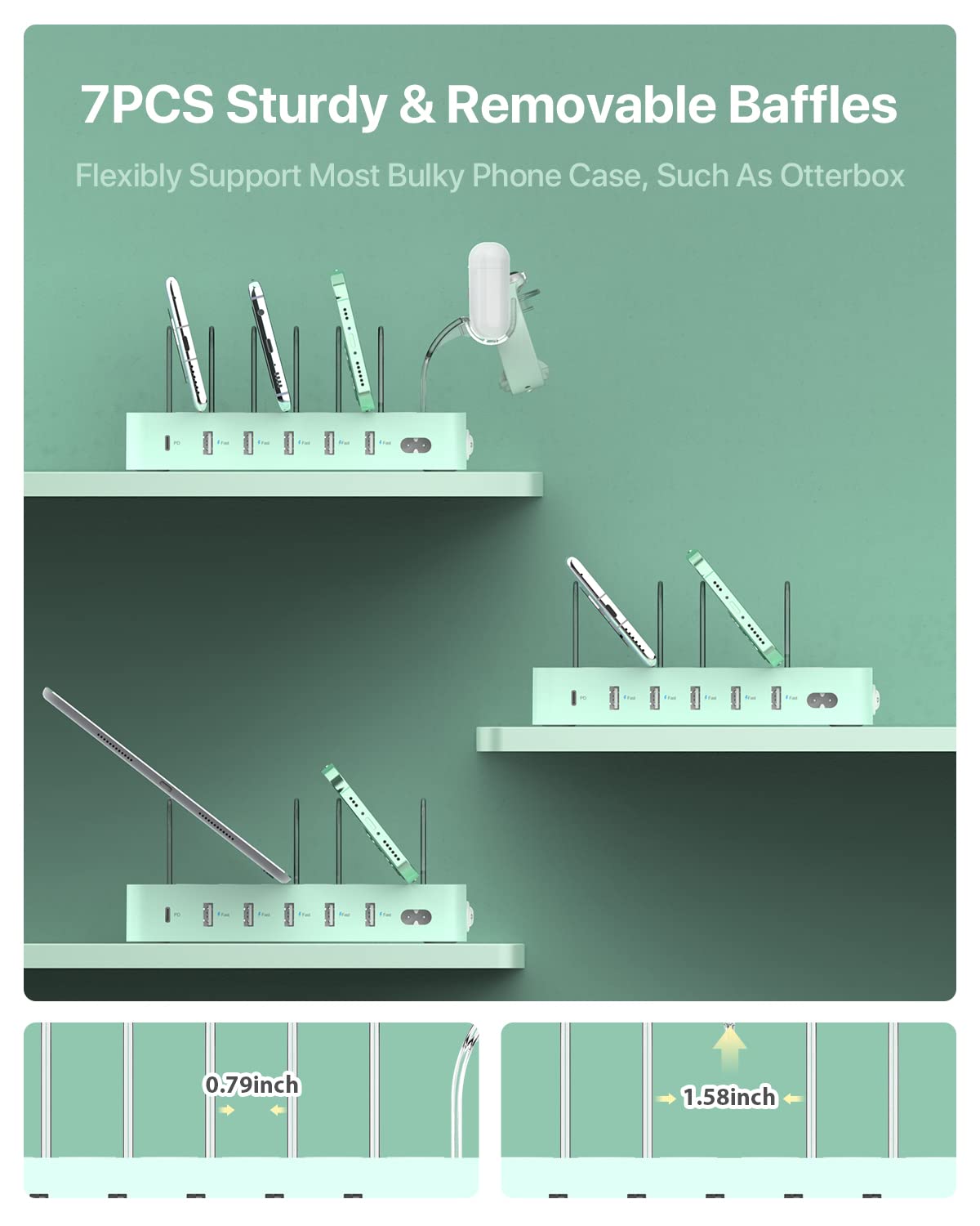 SooPii 60W Stazione di Ricarica a 6 porte Caricatore USB con ricarica rapida USB C PD da 20W, supporto 2 in 1, 6 cavi corti inclusi per telefoni, tablet e altri