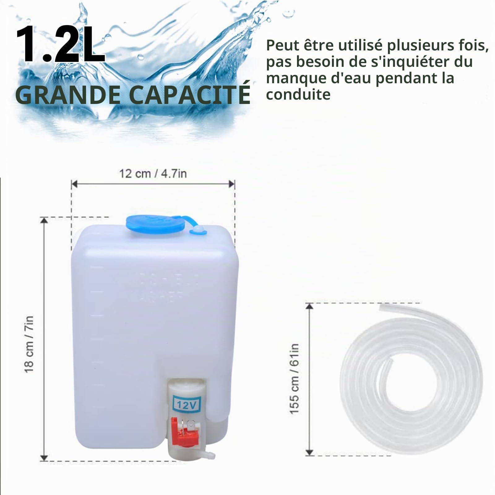 Kit de Pompe de Lave-glace Universel 12V Réservoir Pour Voiture Bateau | Avec Tuyau, Câbles Électriques Et Accessoires De Montage Inclus