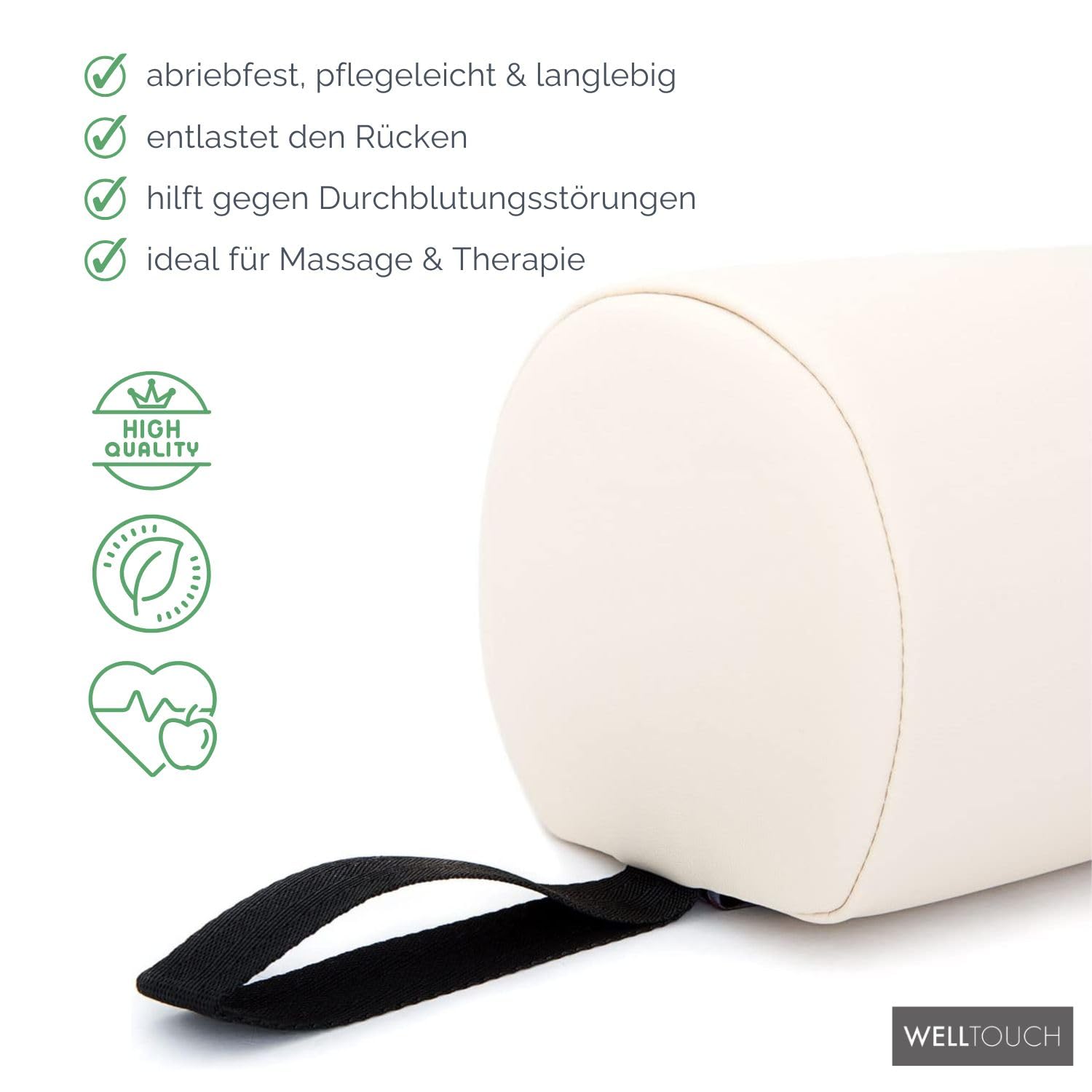 WellTouch Lagerungsrolle 3/4 Rund | Knierolle für Massageliegen | Lagerungskissen für Massage & Therapie | Beinauflage in Größe M: 65 x 14,5 x 13 cm (beige)