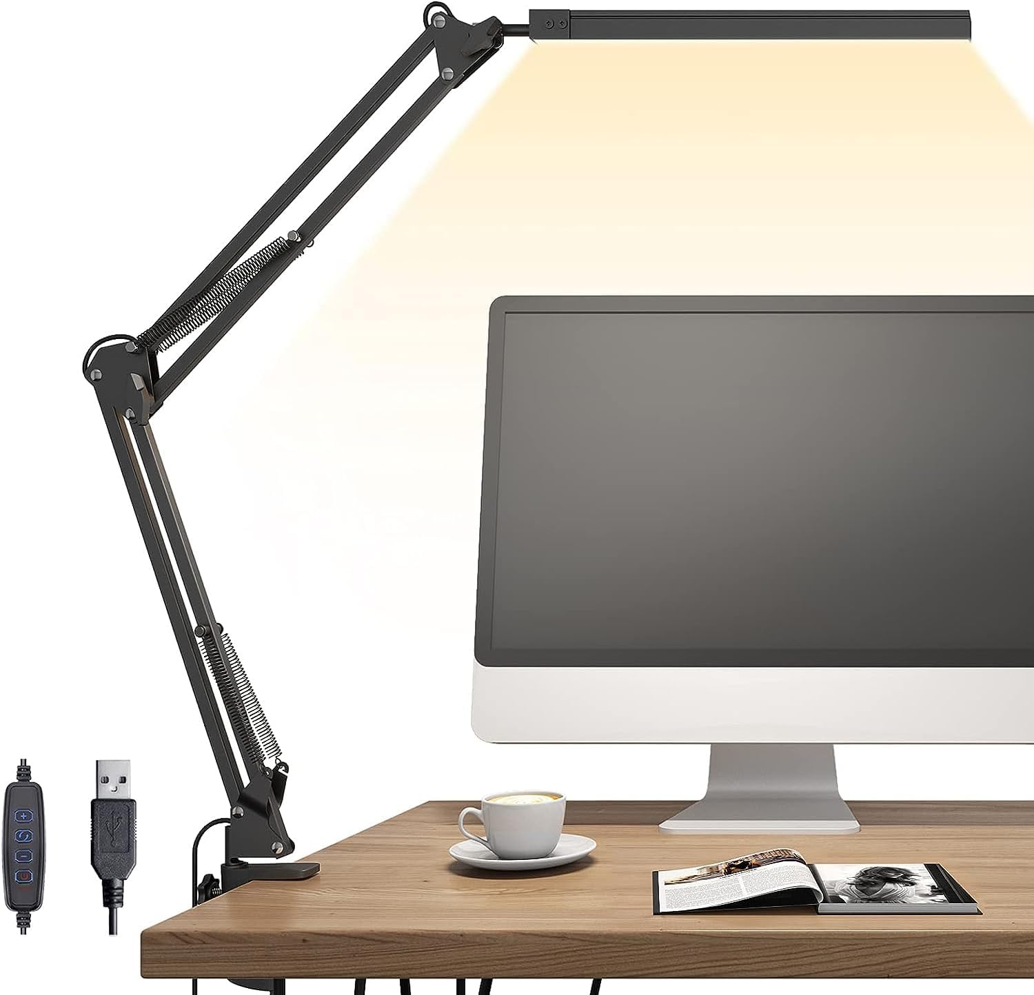 LED Desk Lamp, Swing arm Light with clamp, 3 Lighting 10 Brightness Eye-Caring Modes, Reading Lamps for Home Office 360 Degree Spin USB Adapter & Memory Function black