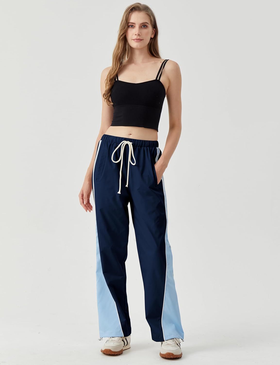 Womens Parachute Pants Color Block Wide Leg Baggy Trousers Y2K Elastic Waist Jogger Sweatpants Track Pants - Image 3