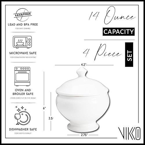 Vikko Cuenco de sopa con tapa, elegante cuenco de sopa blanco de 14 onzas con tapa, juego de 4 platos de sopa, apto para lavavajillas