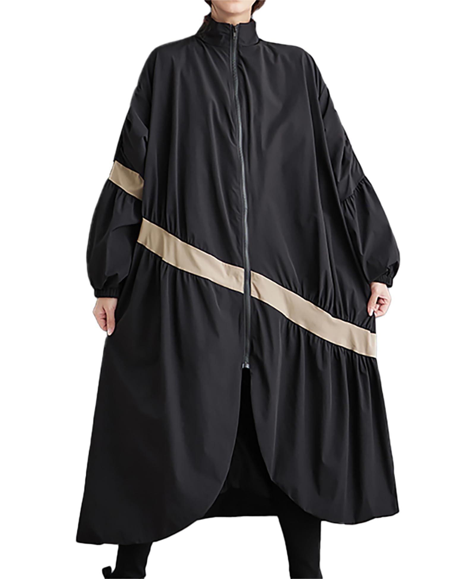 ellazhu Manteau Femme Col Montant Manches Longues Surdimensionné Fermeture Éclair Long Ourlet Fendu Imprimé Vêtement d’extérieur Poches Latérales GZ667