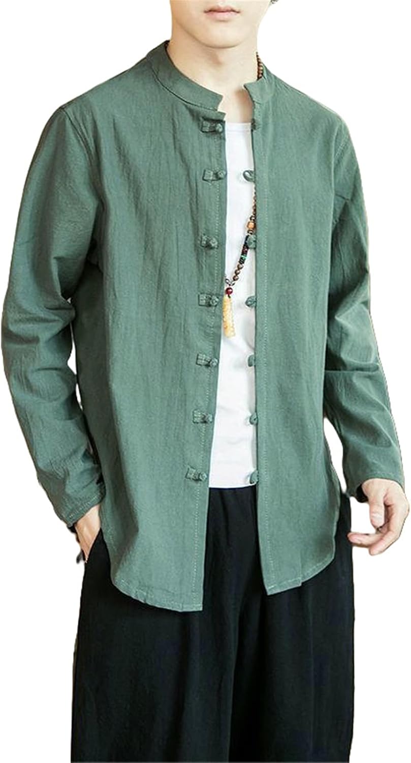 Men's Cotton Linen Chinese Style Long Sleeve Vintage Traditional Stand Collar Frog Buttons Thin Shirt