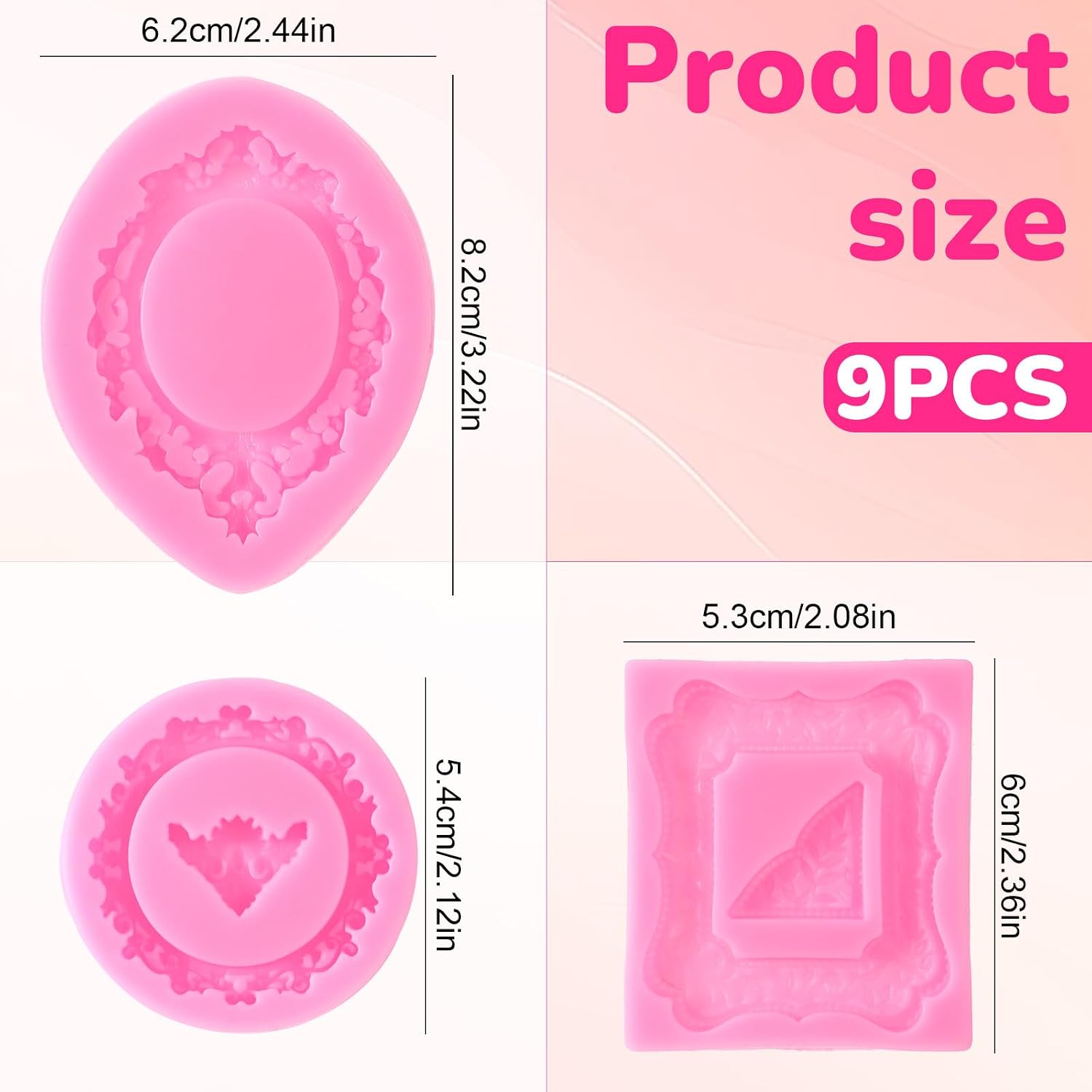 9 PCS Photo Frame Silicone Molds, Vintage Picture Photo Frames Fondant Molds Pink Baroque Frame Chocolate Mold for Chocolate Fondant Candy Cake Decoration Cupcake Topper Polymer Clay