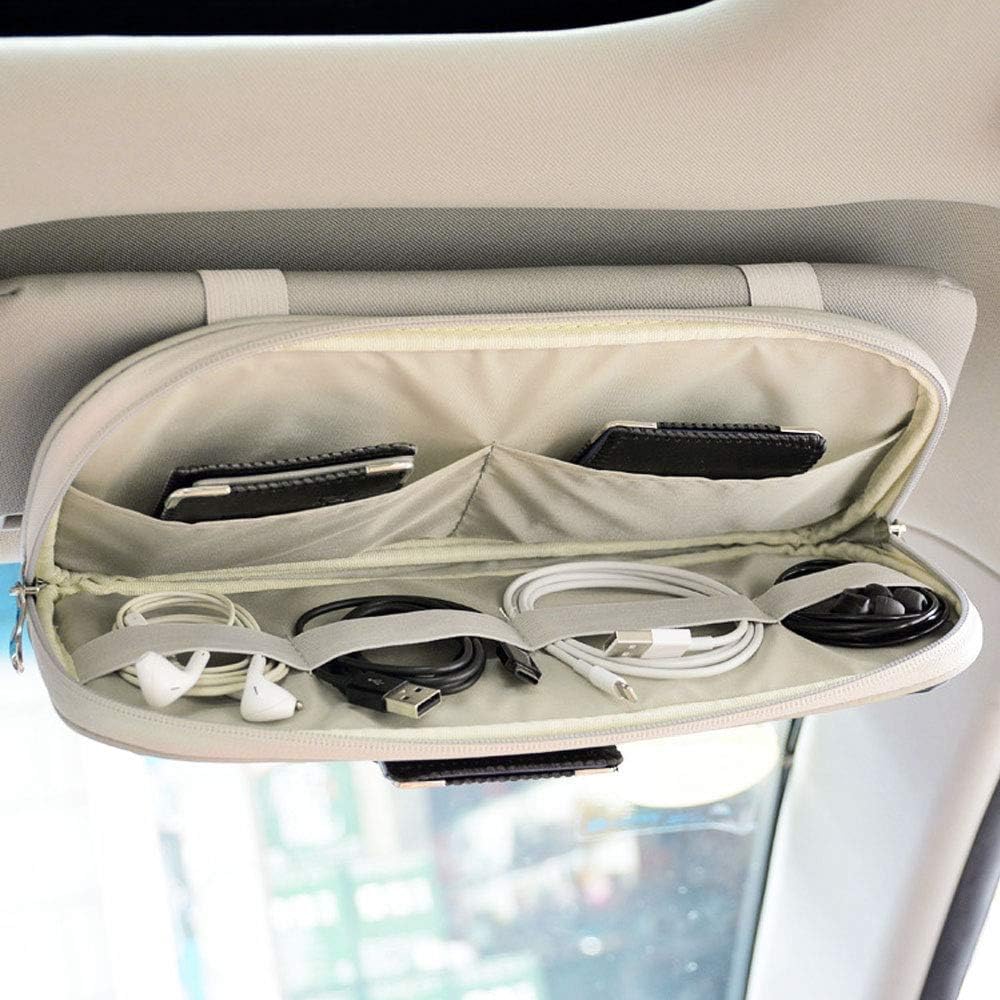 Da by Car Sun Visor Organier Truck SUV Sun Visor Storage Pocket PU Leather Pouch Holder with Multi-Pocket Double Zipper Net Pocket, for Cards Pens Sunglasses Document Newest (Gray)