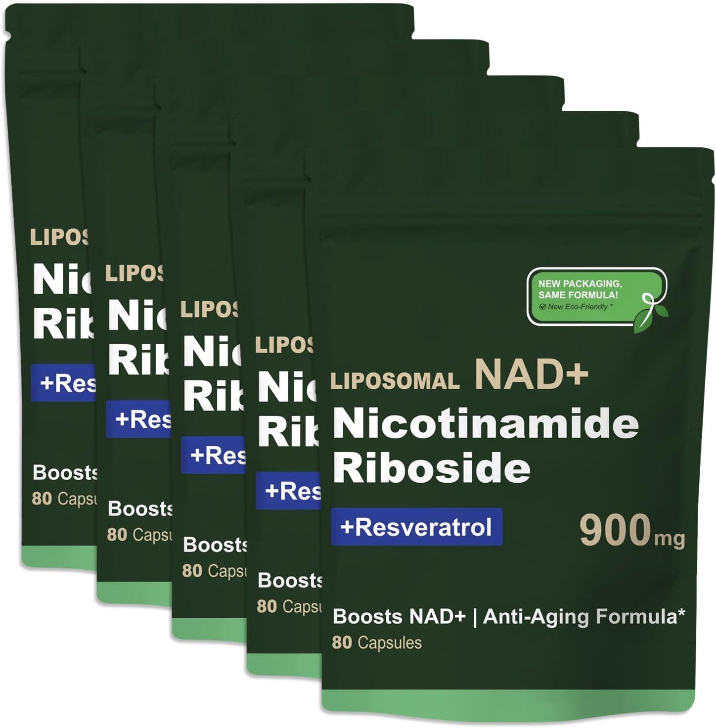Liposomal NAD Supplement with NAD Nicotinamide Riboside Resveratrol 900 MG, Boost NAD+ for Cellular Health, Anti-Aging, Energy, Focus - 80 Capsules(5Pcs)