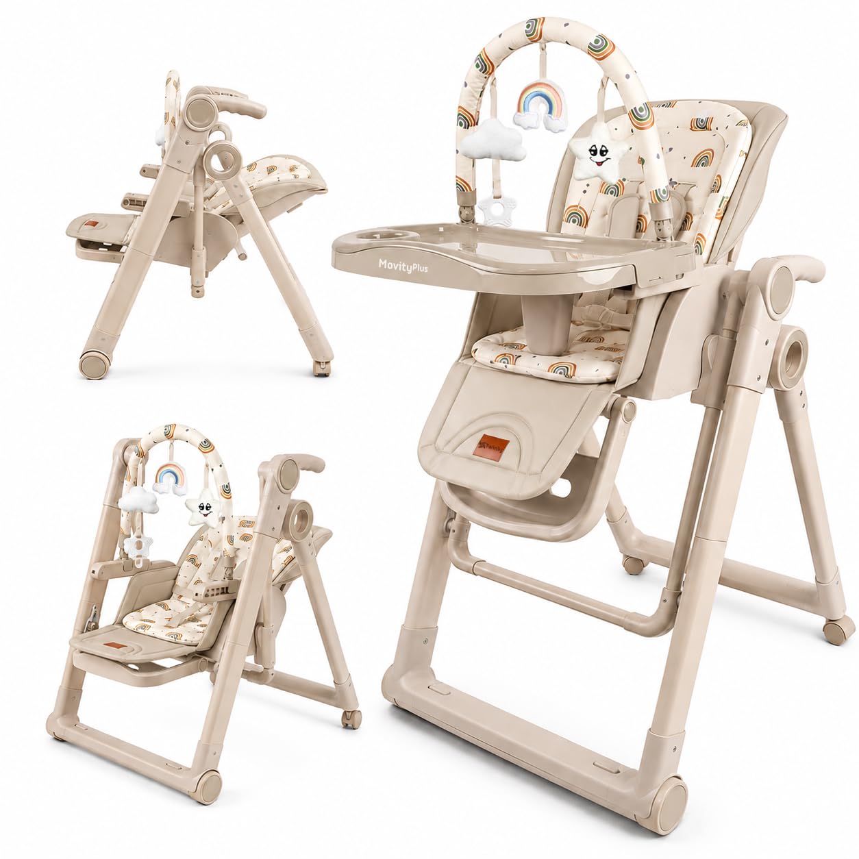 Twinly Movity Plus Baby High Chair from Birth, 2 in 1, Foldable (Beige)