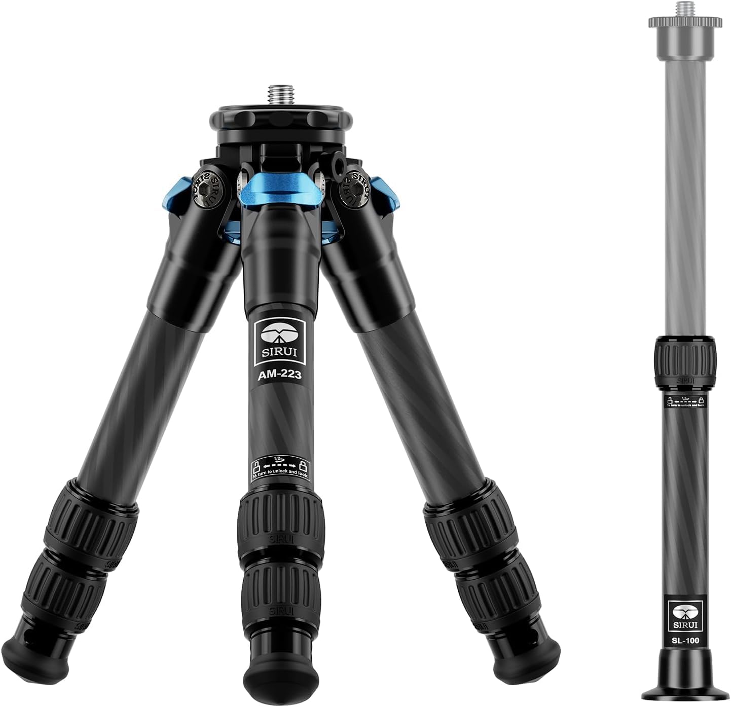 SIRUI AM-223+SL-100 Mini Carbon Tisch Stativ mit ausziehbarer Mittelsäule,Leicht Foto Ministativ Tischstativ für Kameras, Drehverschlüsse, Spikes, max. 660mm eingezogen 215mm, Tragkraft 12kg