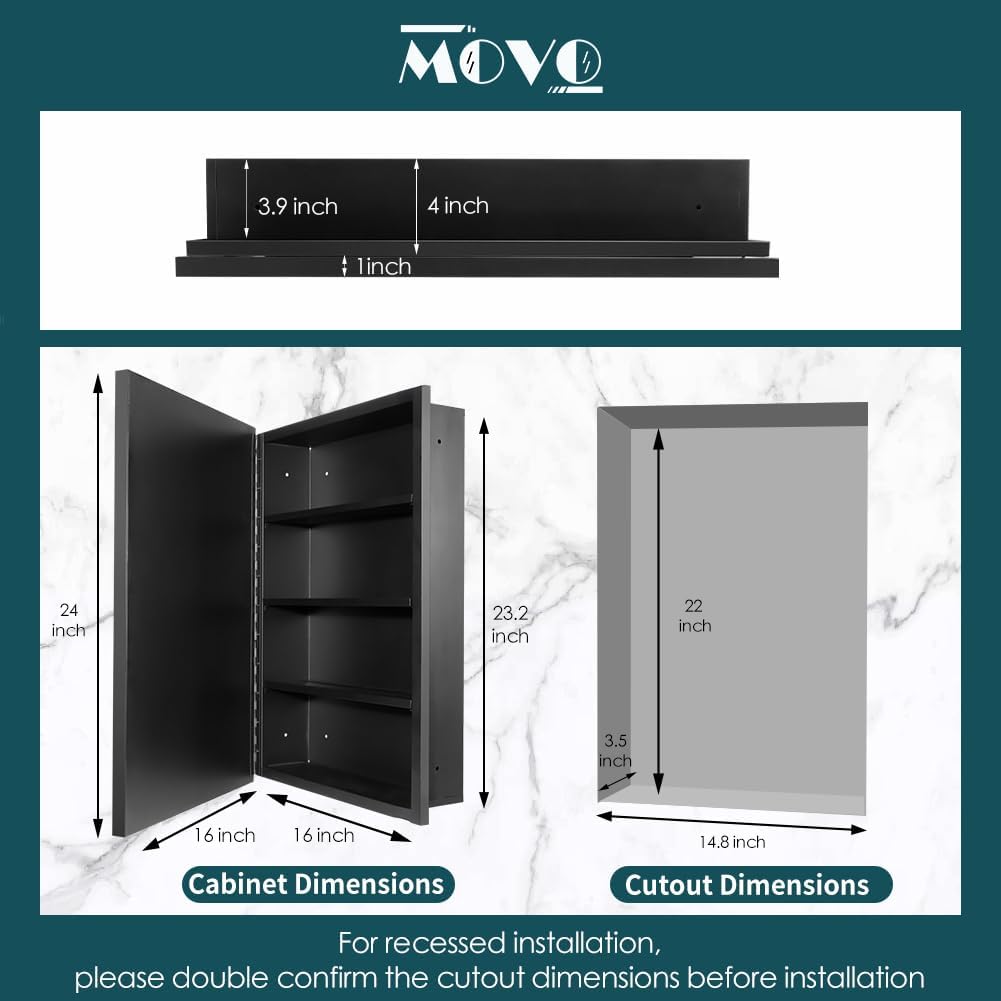 Movo Medicine Cabinet with Mirror, 16 inch x 24 inch Black Metal Framed Recessed Bathroom Medicine Cabinet Wall Mounted with Mirror
