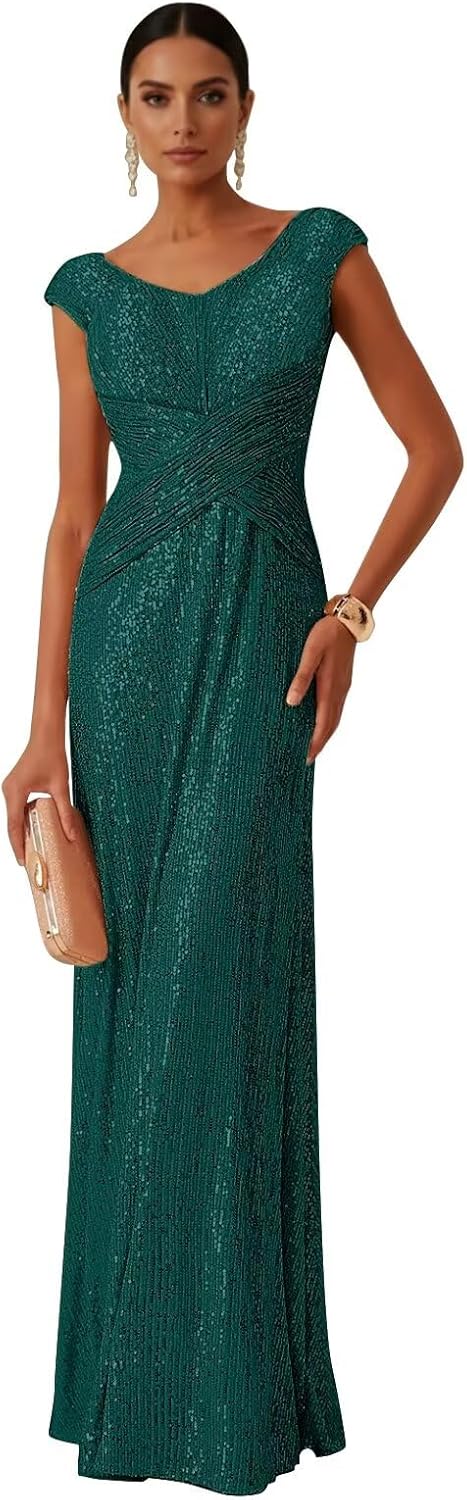RYANTH Sparkly Sequin Mother of The Bride Dresses for Women Cap Sleeve Prom Dress Ruched Formal Evening Gowns