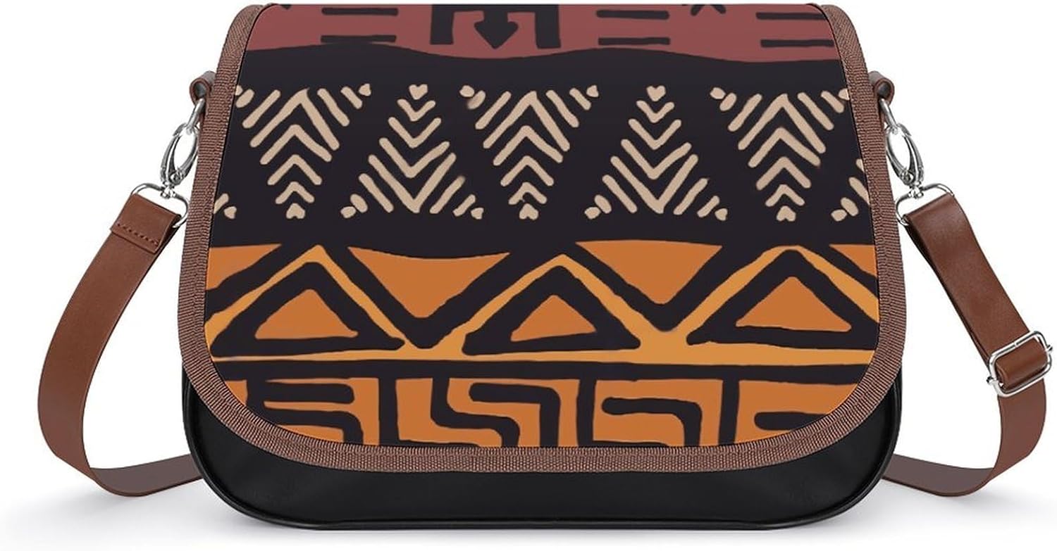 African Tribal MudclothWomen's Faux Leather Crossbody Bag, Waterproof Wrinkle-Resistant Shoulder Bag with Detachable Strap, Large Capacity Casual Handbag, Fashion Daily Purse for Shopping Work Dating,