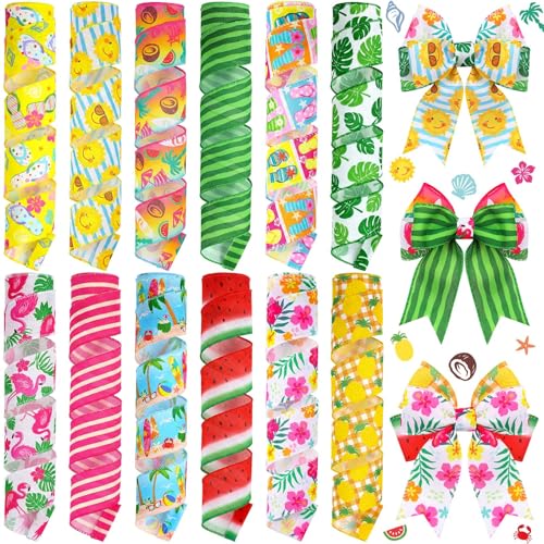 Chunful 12 Rolls Summer Wired Edge Ribbon 2 Inch x 60 Yards Summer Hawaii Beach Print Grosgrain Ribbon for Gift Wrapping Hair Bow Sewing Wreath Party Supplies 12 Styles