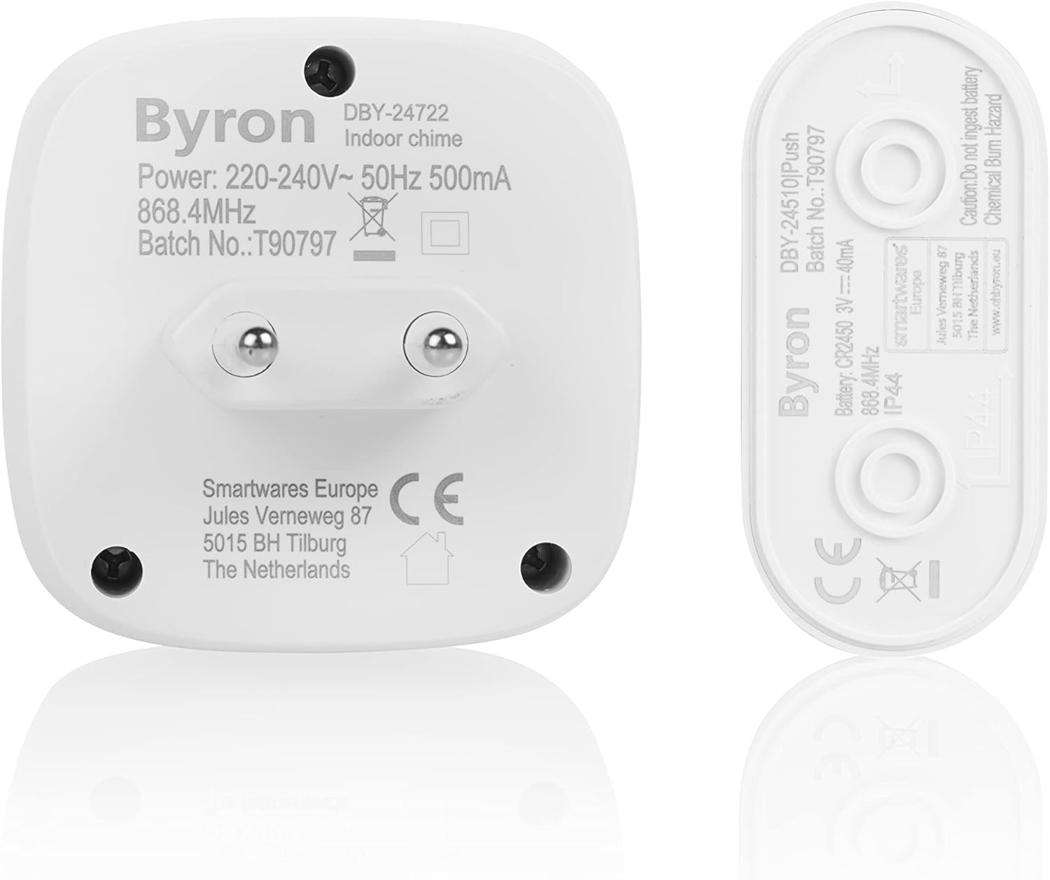 Byron DBY-24722 Wireless Doorbell Kit back view with specifications