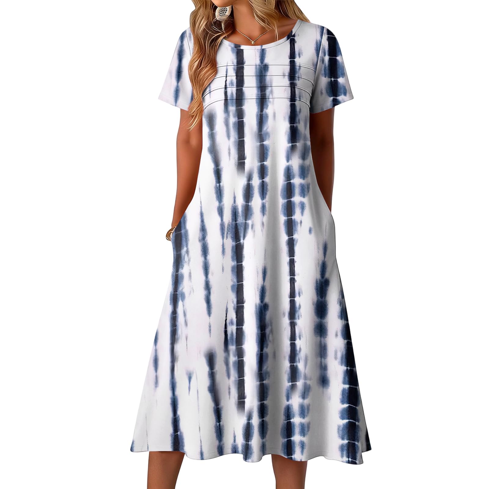 Freizeitkleider für Damen, bedruckt, plissiert, A-Linie, Midi-Kleid, kurzärmelig, mit Taschen, Sommer, Hochzeit, Gästekleid, Strand, Arbeit, Alltag, Anlass: