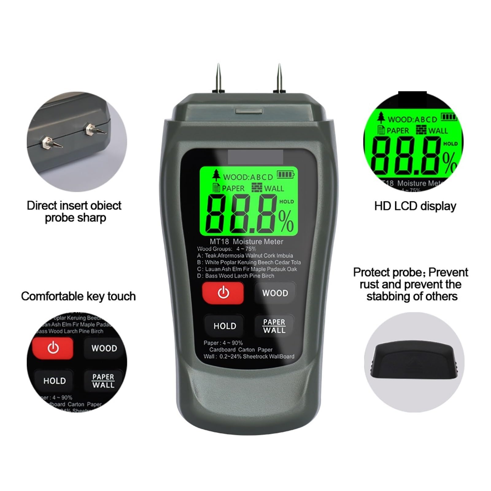 Grigio 0-99,9% Misuratore Digitale Di Umidità Del Legno A Due Pin Tester A Carta Igrometro Da Parete Rilevatore Legname Semplice da usare